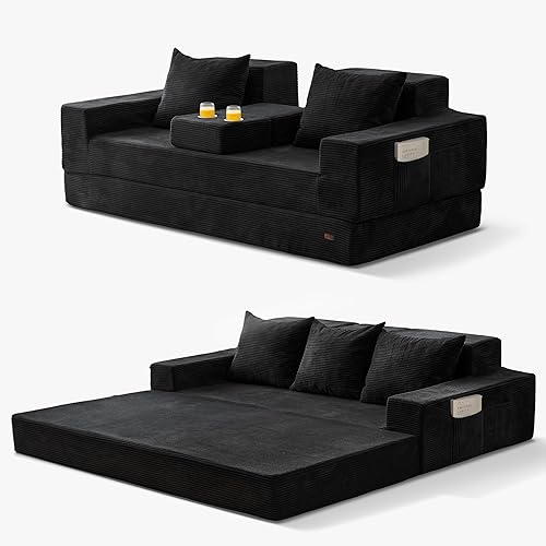 MAXYOYO Sofa Bed, 4 in 1 Foldable Floor Sofa Couch in A Box with 2 Cup Holders, Convertible 3 Seater Boneless Couch Folding Recliner Sleeper Chair for Living Room, No Assembly Required, Black