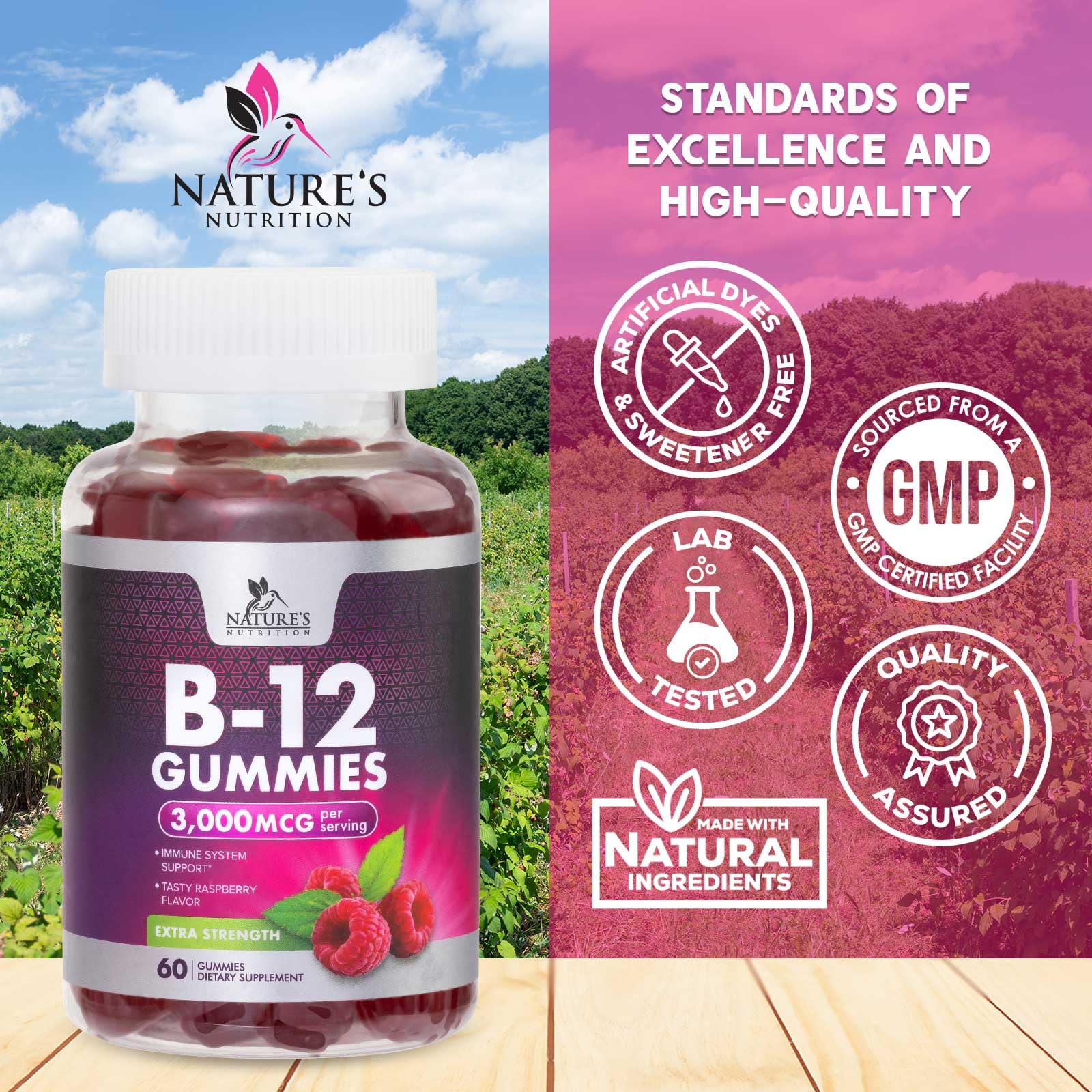 Vitamin B12 Gummies 3000 mcg - 3X Strength Energy Gummies with Vitamin B12 - Metabolism & Immune Support - Vegan Energy B12 Gummy Supplement for Adults - Tasty Raspberry Flavor - 60 Gummy Vitamins — Amazon image 4