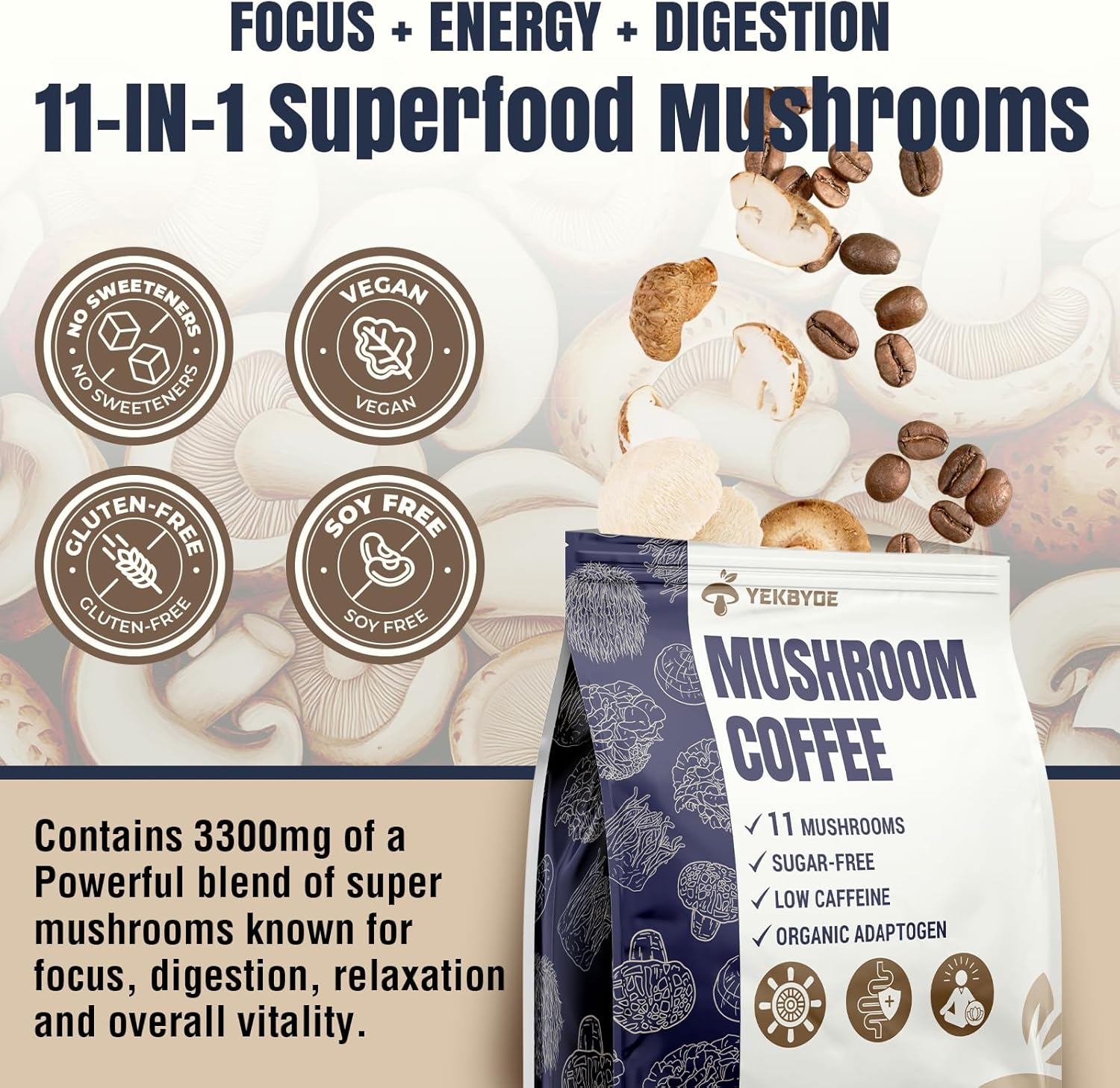 Mushroom Coffee, 11 Superfood Mushrooms includes Lion's Mane, Reishi, Chaga & Ashwagandha, Instant Mushroom Coffee Organic for Energy, Memory, Digestion & Detox, Low Caffeine & Sugar Free, 5.3oz - Image 9