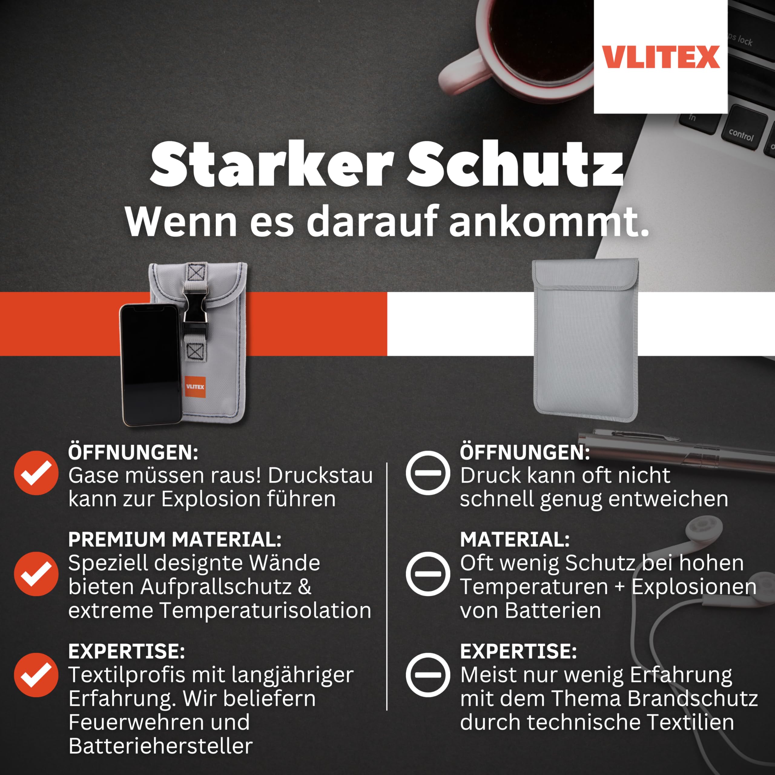 VLITEX Kleine Brandschutz Tasche | 3 Feuerfeste Lagen | Ladetasche für Handy, Powerbank, Smartwatch, Bluetooth Kopfhörer, Smartphone usw. | Lithium Ionen Akku Batterie sicher Aufladen und aufbwahren