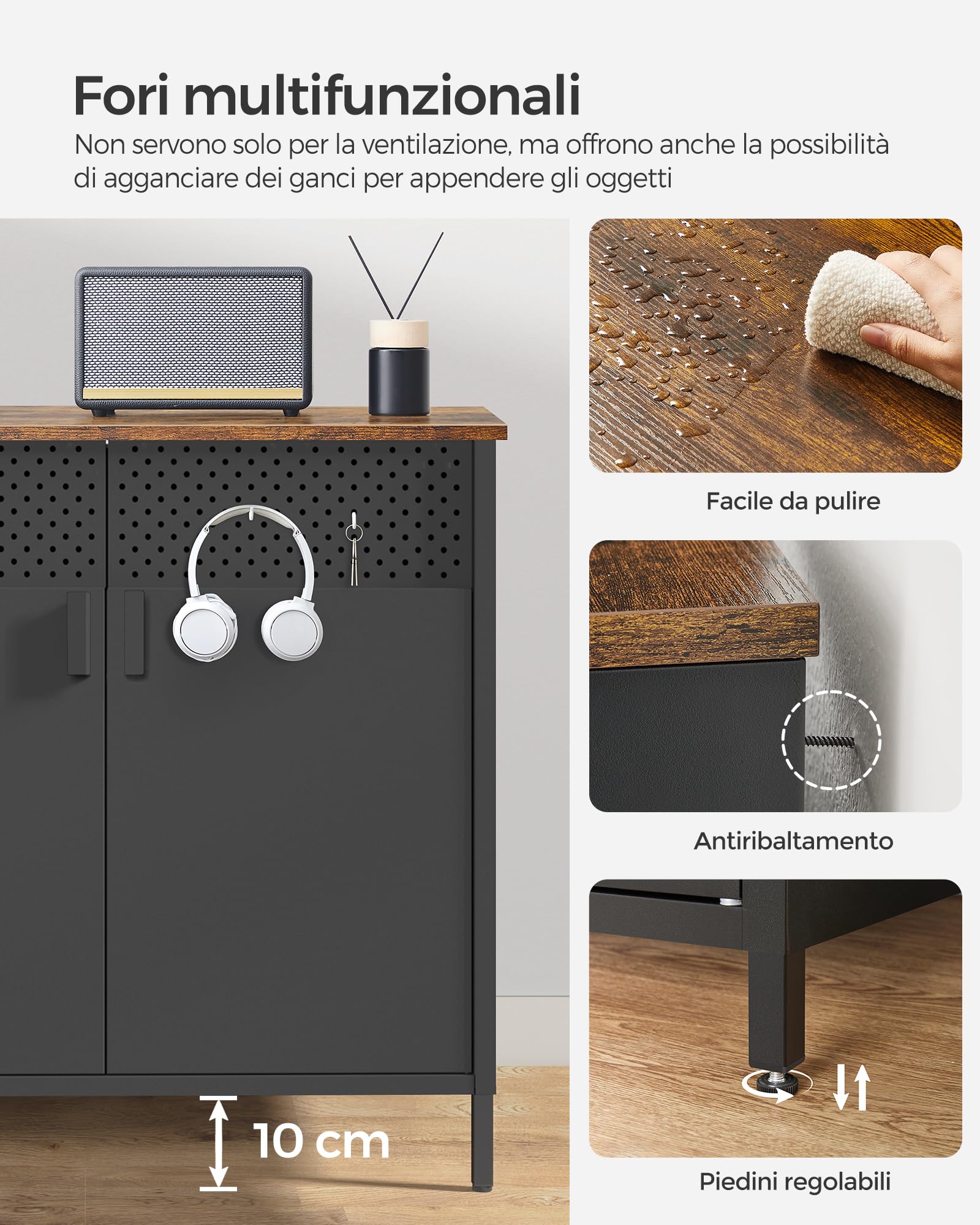 SONGMICS Mobiletto Contenitore, Credenza in Metallo, Doppia Anta con Chiusura Magnetica, Ripiani Regolabili, Struttura in Acciaio, 40 x 80 x 76 cm, Marrone Vintage e Nero Inchiostro LSC102B01