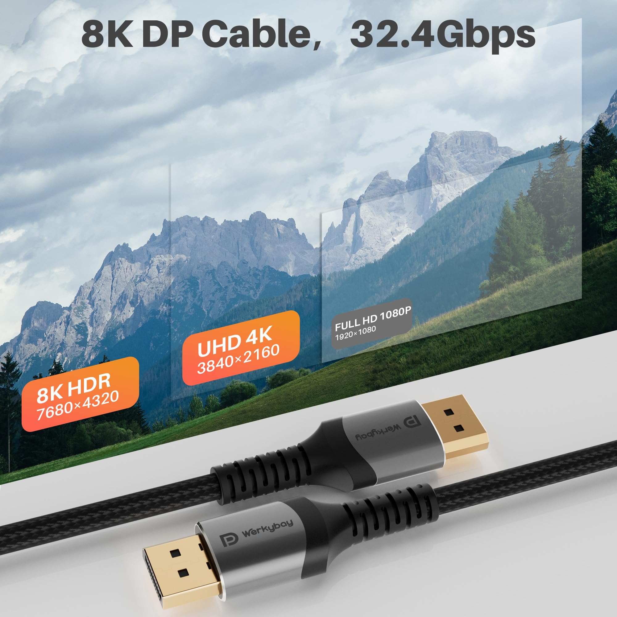 Kabel 8K DisplayPort 2 m, DP 1.4, 32,4 Gbps, certyfikat VESA, nylonowa osłona, 8K 60 Hz 4K 120 Hz 2K 240 Hz, HBR3 HDCP HDR, FreeSync G-Sync, do monitora, laptopa, TV