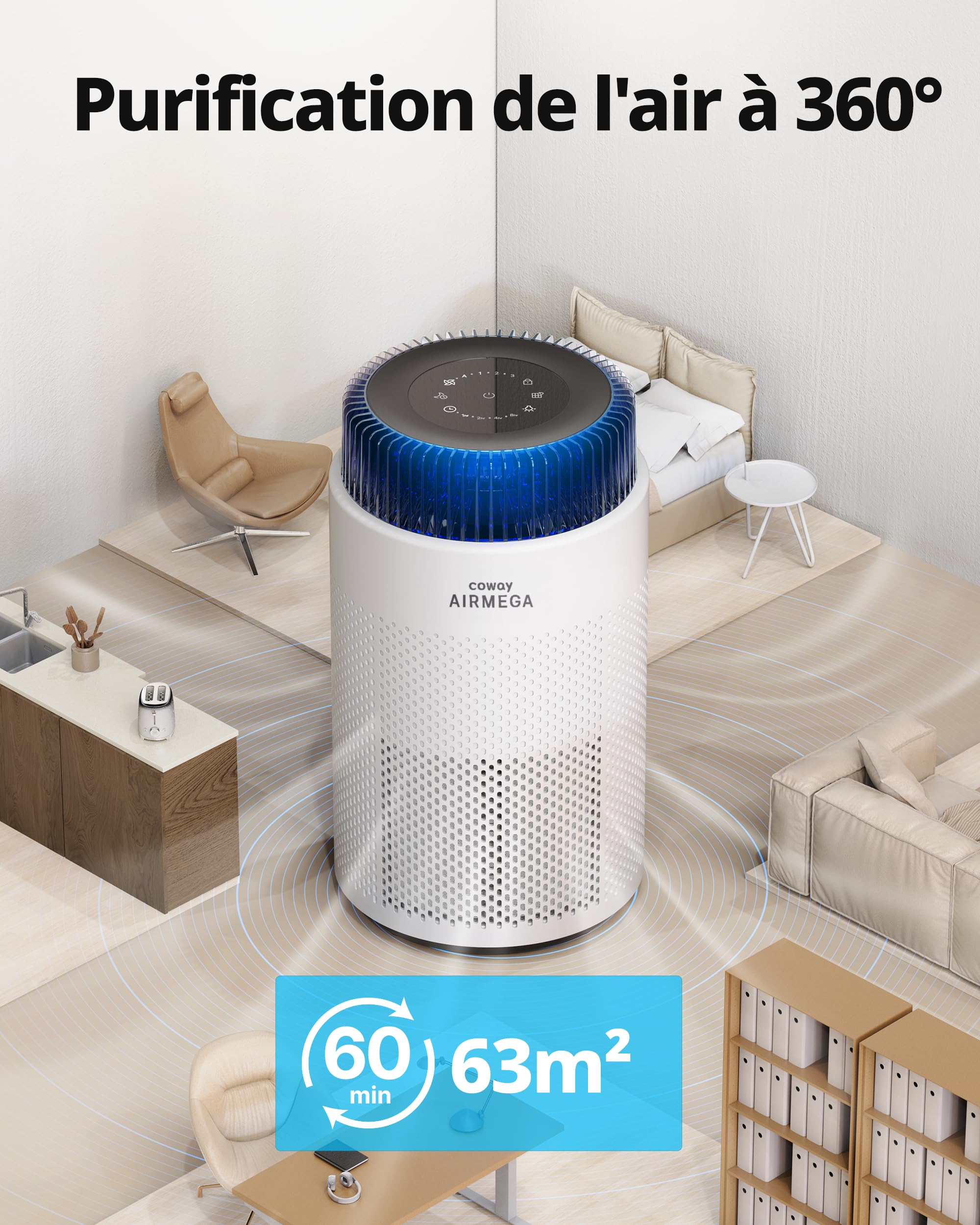 COWAY Purificateur d’air pour chambre, ultra silencieux 20 dB, système HyperCaptive, élimine 99,999 % des particules jusqu’à 0,01 micron, CADR 244 m³/h, idéal contre allergies et pollens – AIRMEGA 100