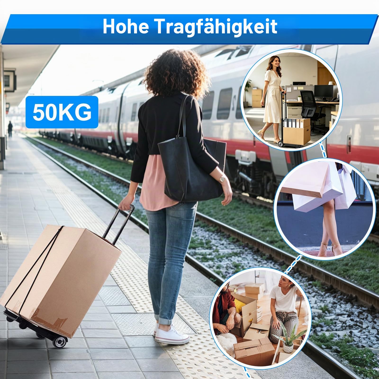 Plattformwagen Sackkarre Klappbar, 50KG Faltbarer Handkarre Kompakt mit Rädern, Mini Transportkarren Handwagen mit Teleskopgriff für Zuhause Büro Einkaufen Reisen