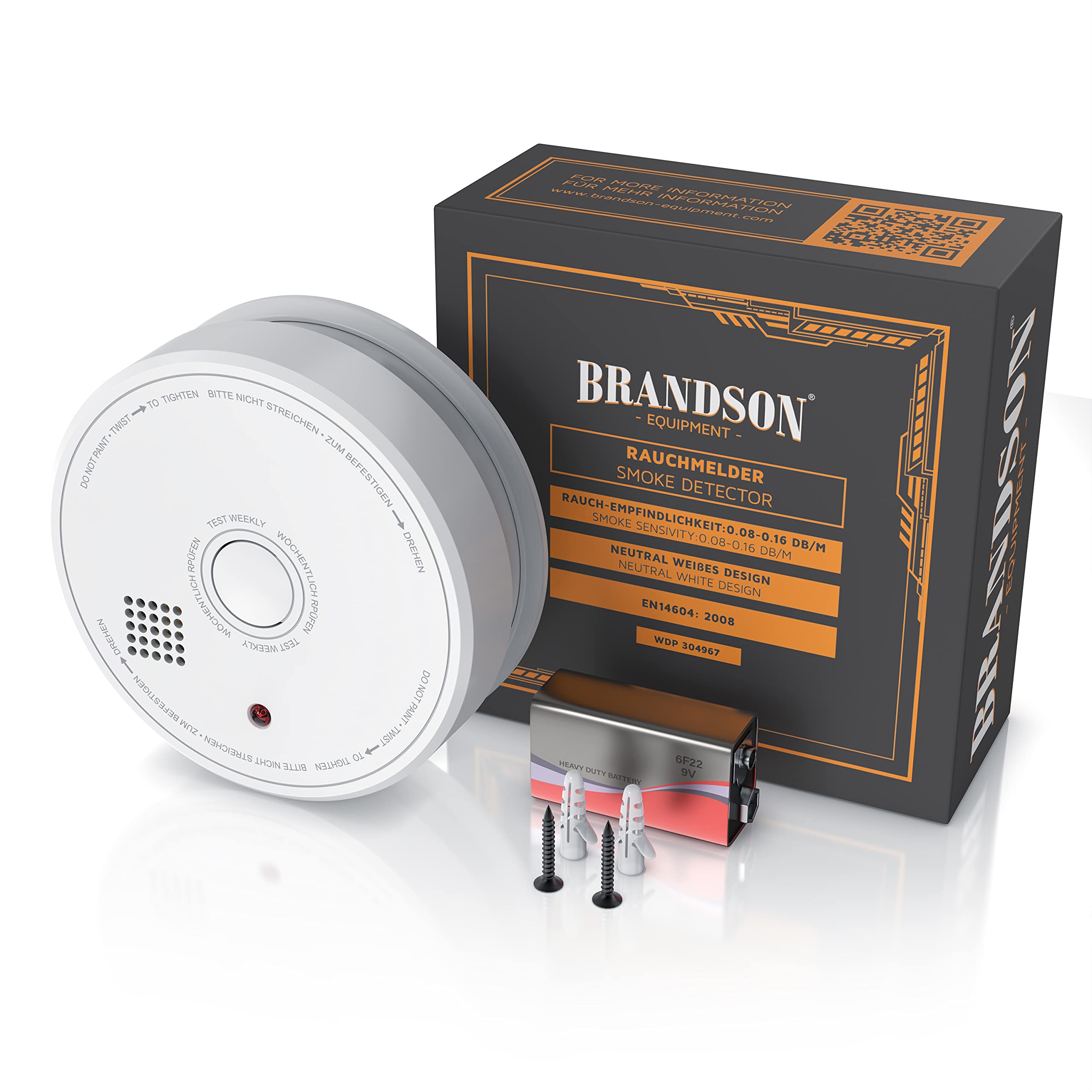 Brandson - 3X Rauchmelder mit austauschbarer 9V Blockbatterie, Rauchwarnmelder (geprüft Nach EN 14604, Durchdringendes Alarmsignal), weiß