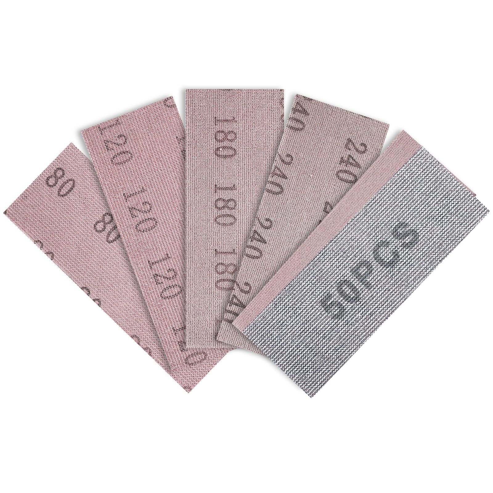 Sruhrak 50PCS Sanding Sheets 70 x 198 mm Hook and Loop Net Sandpaper, 80/120/180/240/400 Mixed Grits, For Wood Metal Plaster & Furniture Sanding, Fits Hand Sanders