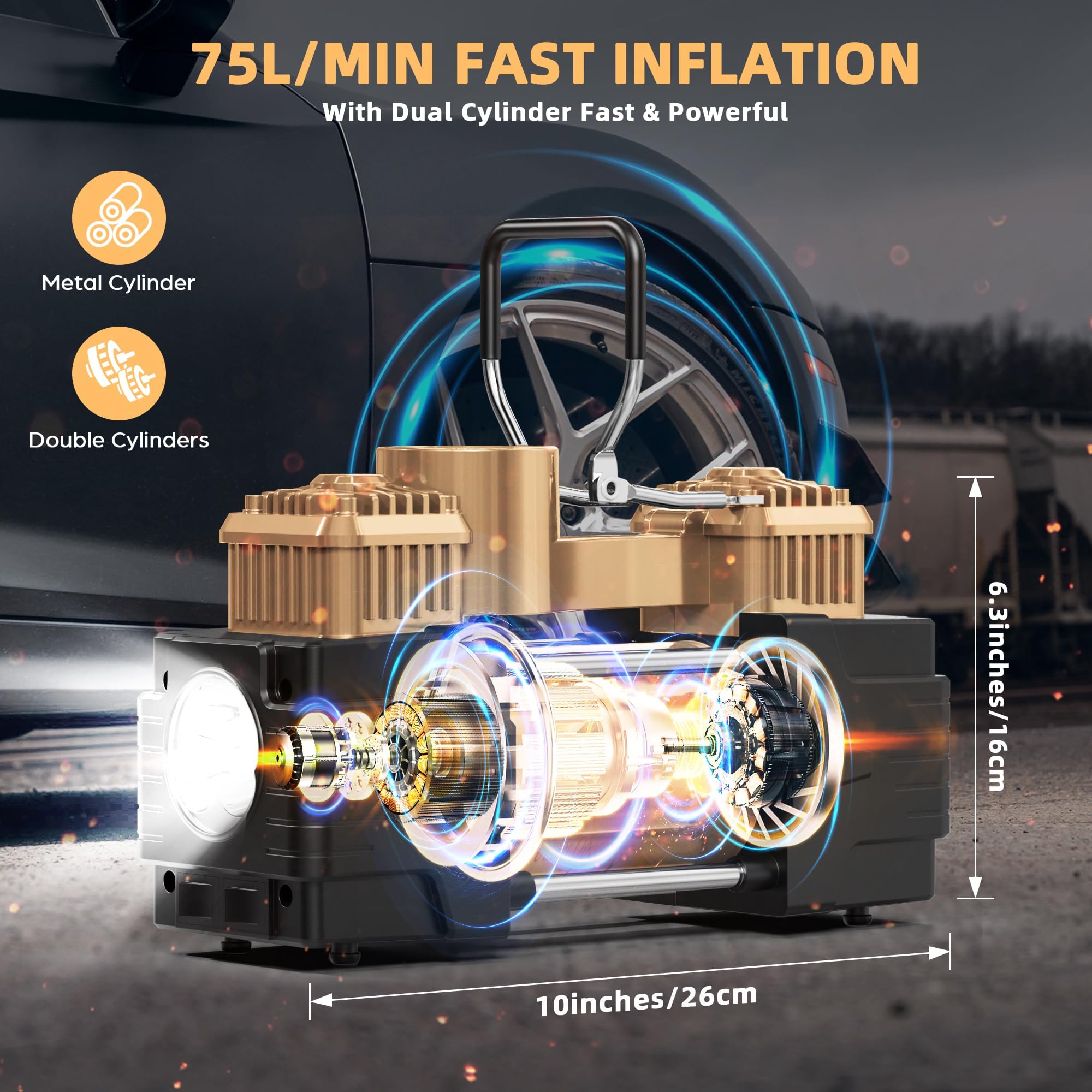Doppelzylinder-Reifenfüller, Luftkompressor, 150 PSI 12 V DC, tragbare Luftpumpe, Autozubehör, LED-Licht, strapazierfähig, Off-Road für LKW, SUV, Auto, Wohnmobil für Männer und Frauen (Gold)
