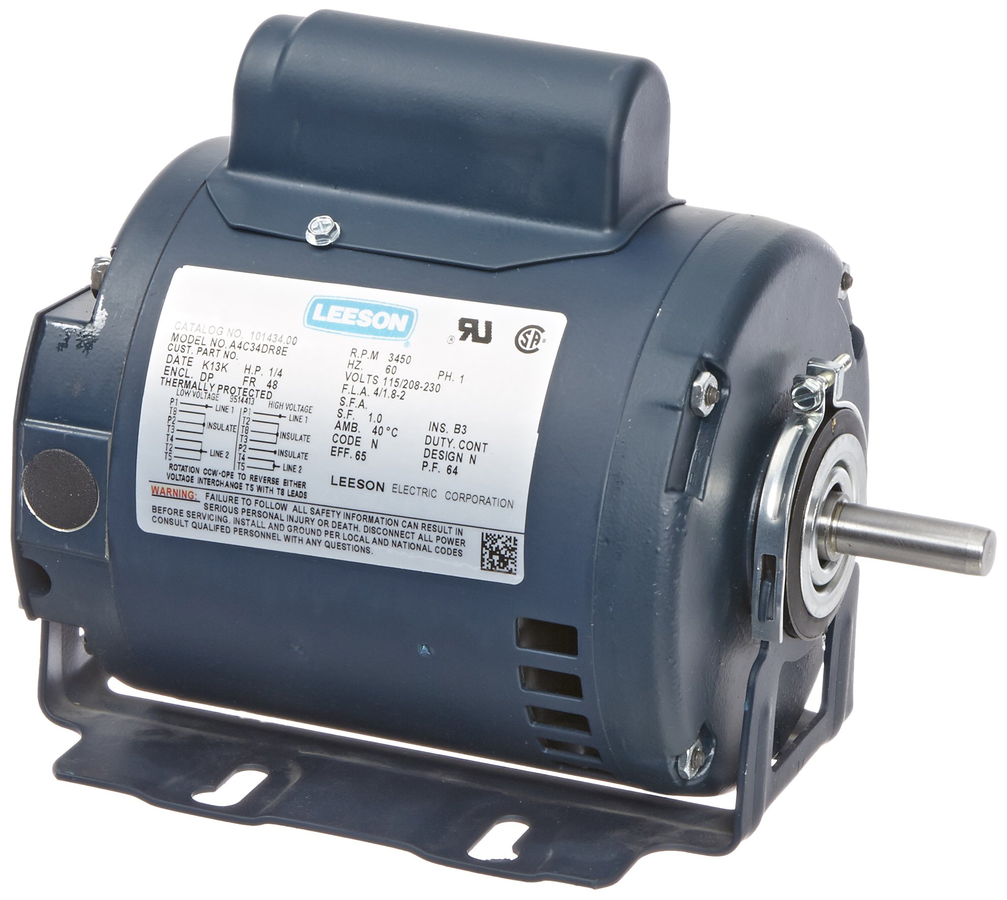 Leeson 101434.00 General Purpose Rigid ODP Motor, 1 Phase, 48 Frame, Rigid Mounting, 1/4HP, 3600 RPM, 115/208-230V Voltage, 60Hz Fequency