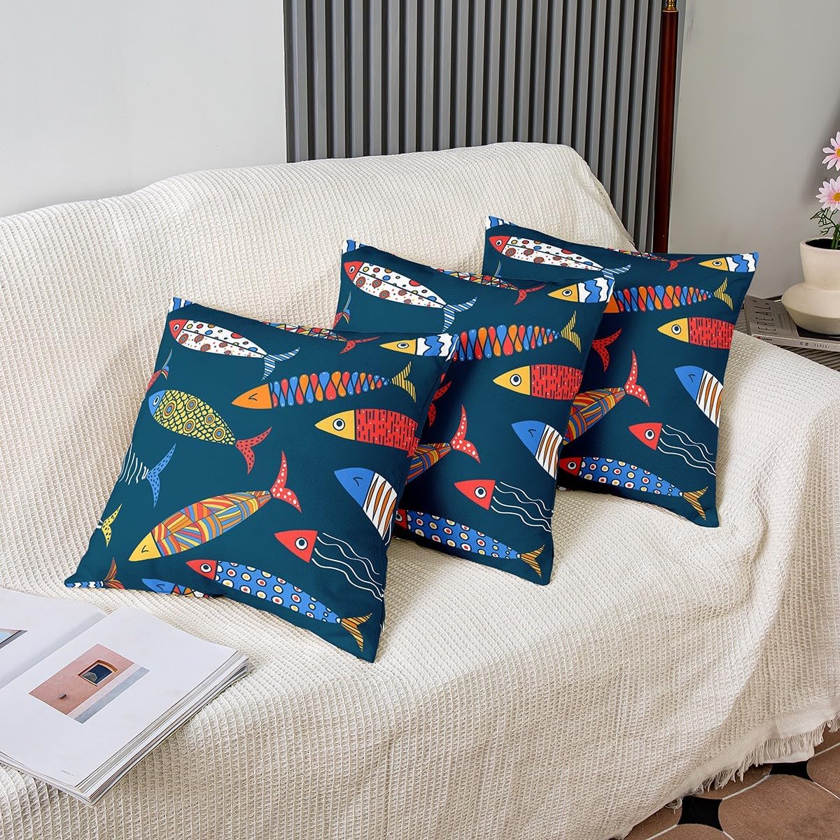 Sea Animal Throw Pillow Covers 24x24 Inch Set of 2, Aztec Rainbow Fish Pillow Covers, Tribal Fish Decorative Pillow Covers, Geometric Ocean Life Cushion Cases, Cartoon Fish Decorative Pillow Covers