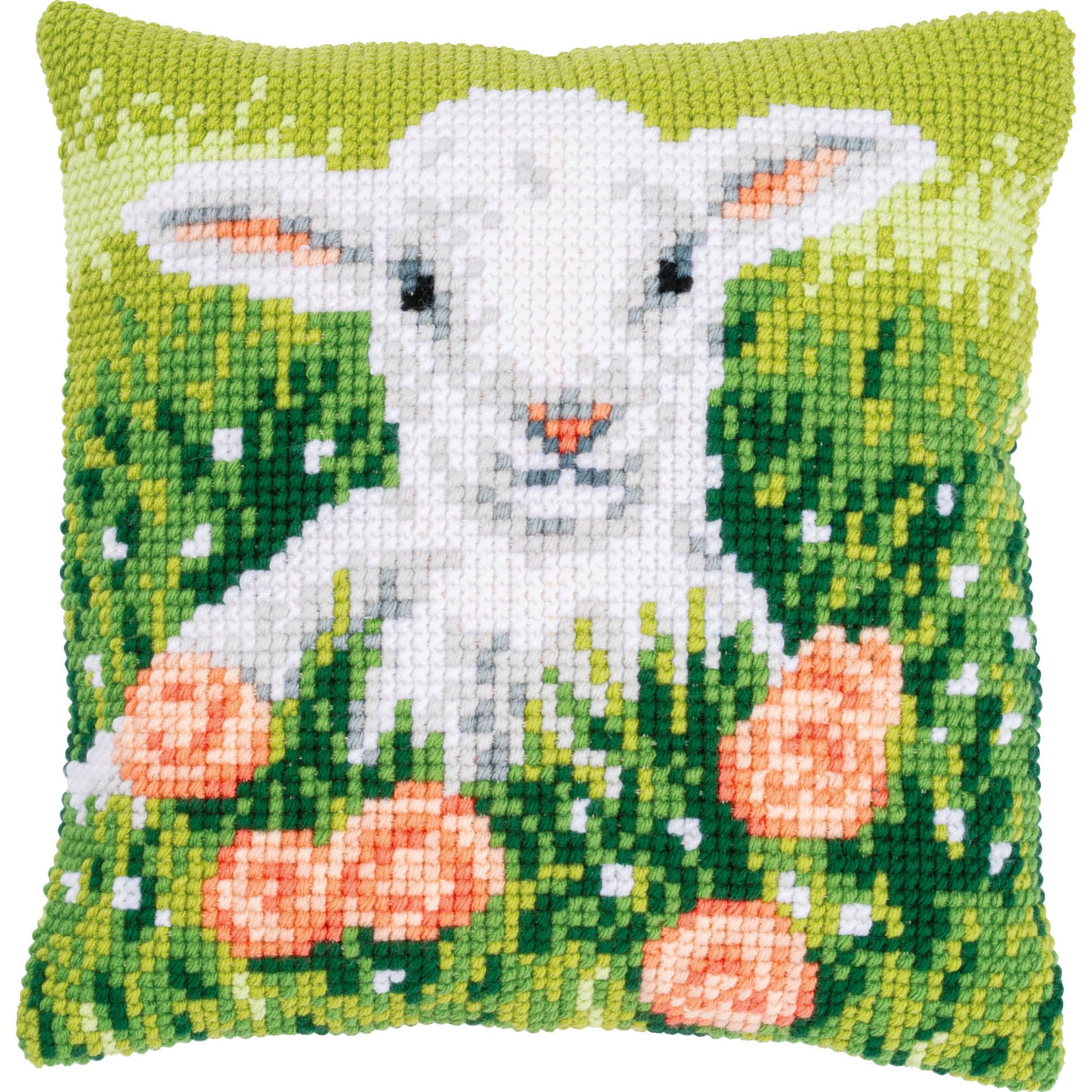 Vervaco stamped cross stitch kit cushion ""Lamm zwischen Blumen"", 40x40cm, DIY