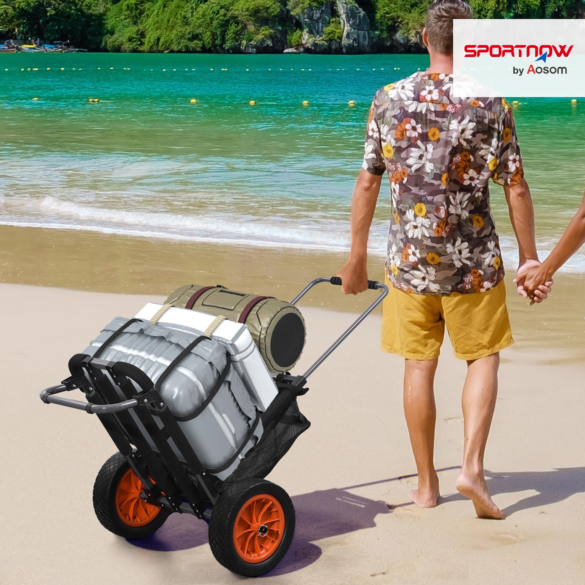 SPORTNOW Carro Playa Plegable, Carro Transporte con Grandes Ruedas de 30 cm para Todo Terreno, con Bolsillo de Malla y Mango Telescópica de Aluminio, para Jardín, Campaña, Compra, Carga 150 kg, Gris