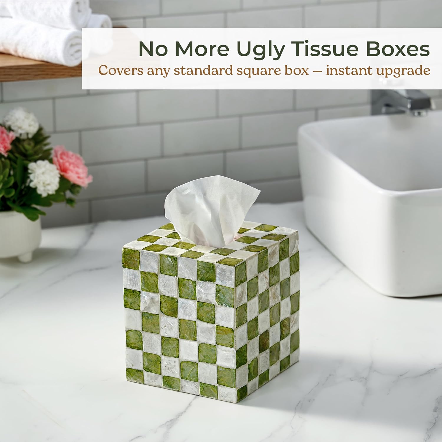 5.7" Square Tissue Box Cover, Handmade Green & White Checkered Capiz Shell Tissue Holder, Decorative Cube Tissue Box Cover for Bathroom, Living Room, Bedroom or Office