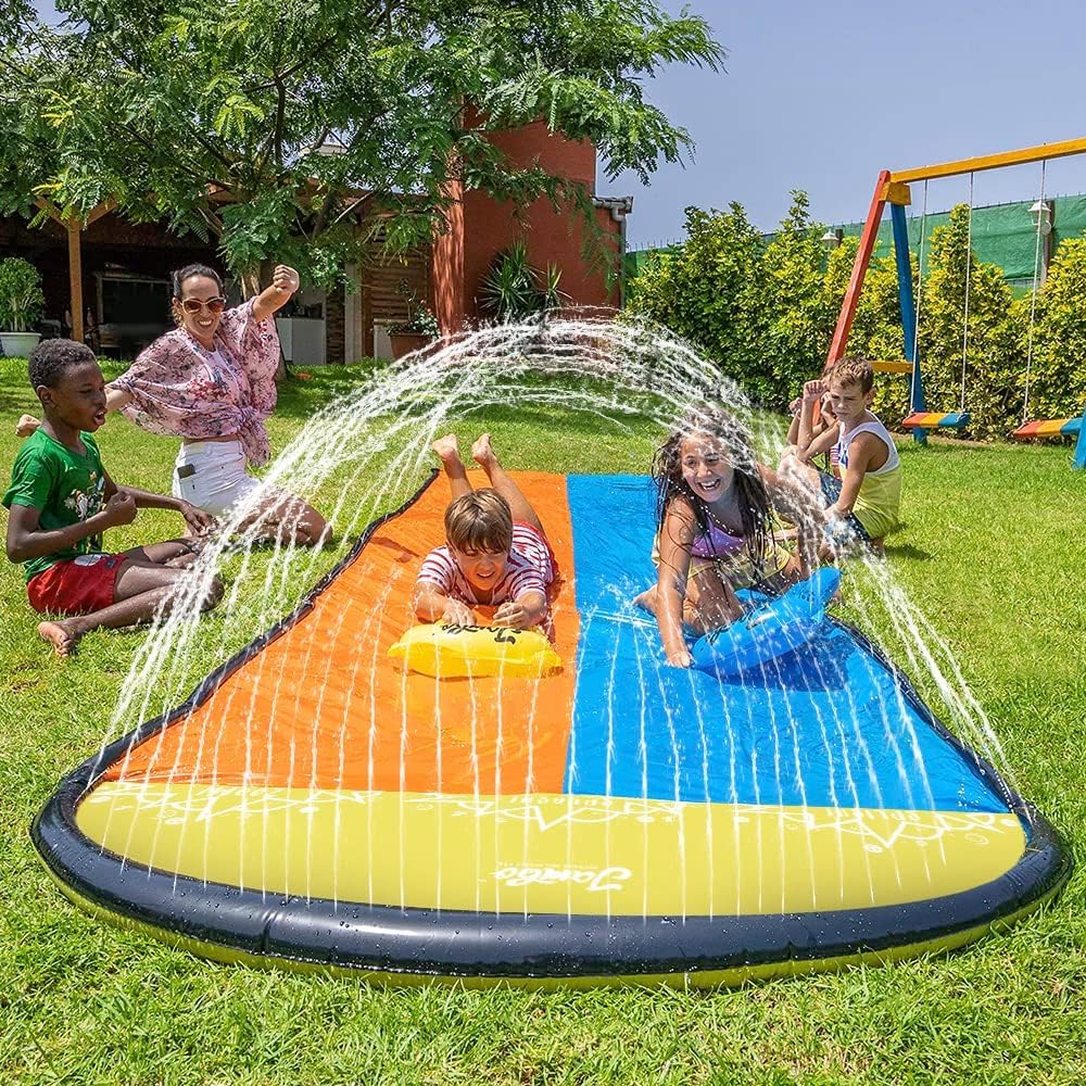 Jambo Premium Slip Splash and Slide with 3 Bodyboards, Heavy Duty Water Slide with Advanced 3-Way Water Sprinkler System, Backyard Waterslide Outdoor Water Toys n Slides for Kids : Toys & Games
