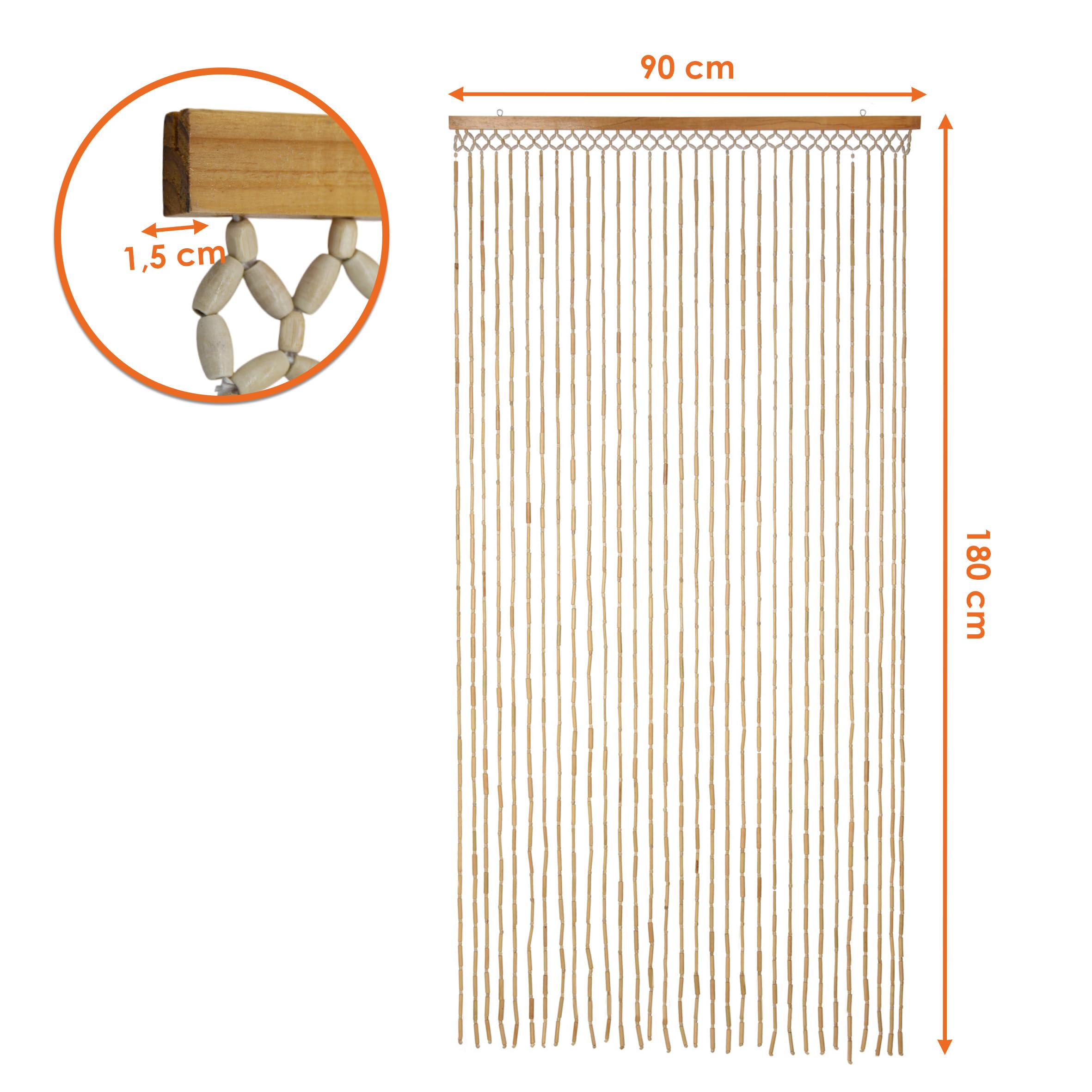 Holzperlen Türvorhang mit 31 Strängen 180 x 90 cm - Natur - Retro Perlenvorhang im Boho Chic Design - Holzperlenvorhang Fliegenvorhang Raumteiler Deko Tür Wand Fransen Perlen Vorhang