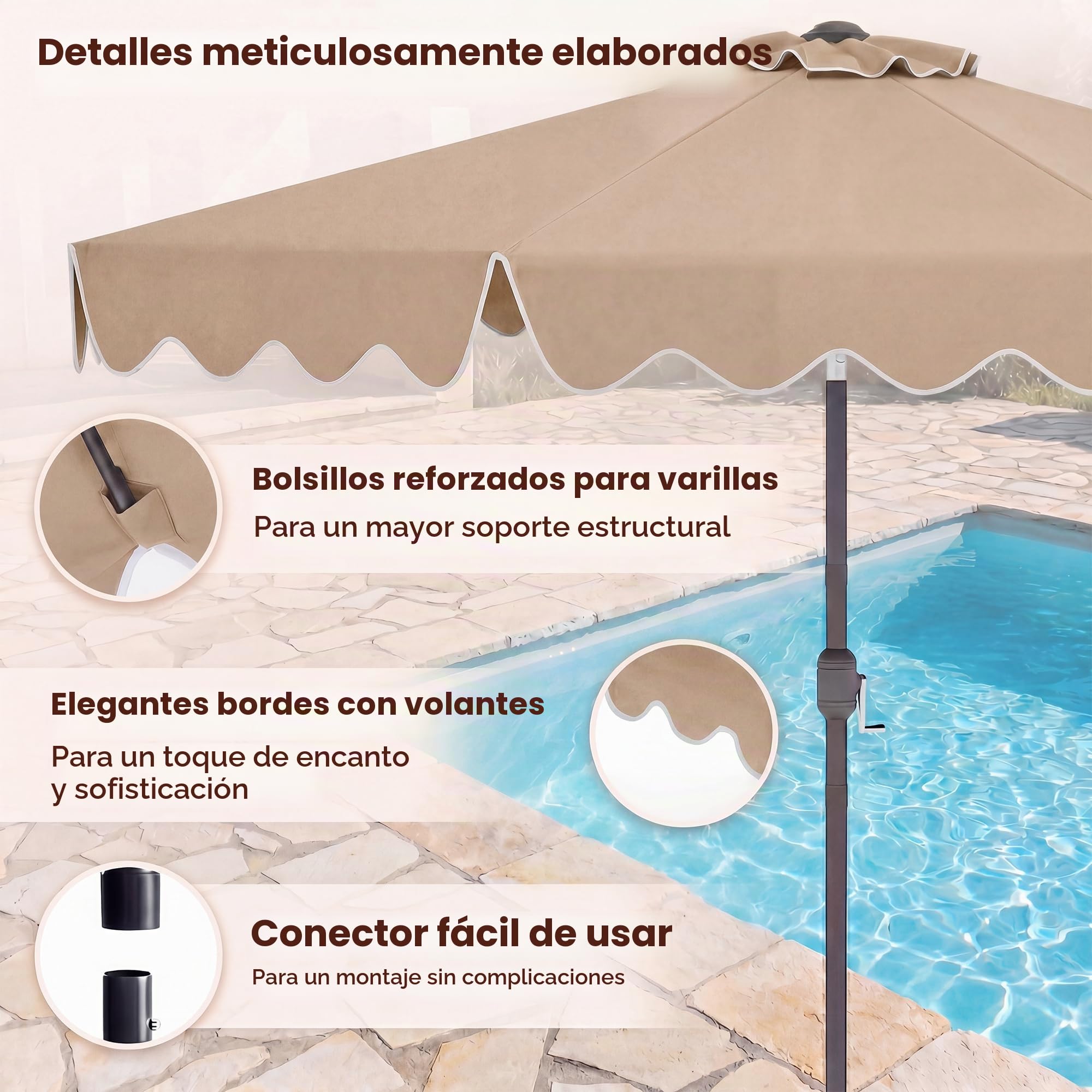 KOMFOTTEU Sombrilla de Jardín 280 cm, Parasol Terraza Exterior con Manivela y Función de Inclinación, Sombrilla de Mercado con 8 Varillas, para Playa, Jardín, Piscina, sin Base
