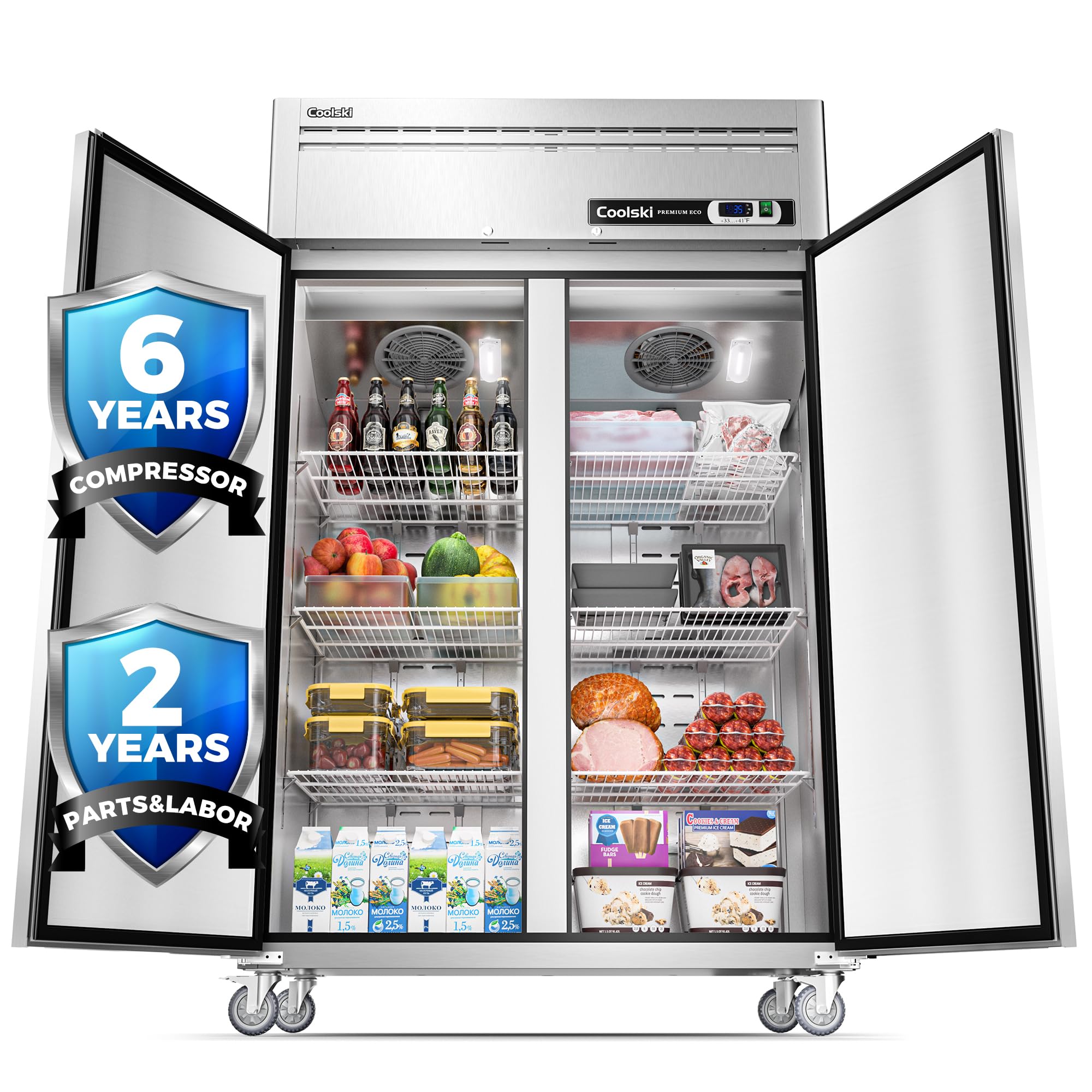 Coolski 48" W Commercial Refrigerator 2 Door, 36 Cu.ft 2 Section Stainless Steel Solid Door Fan Cooling Upright Reach in Refrigerator for Restaurant Bar Shop Kitchen Garage School Church