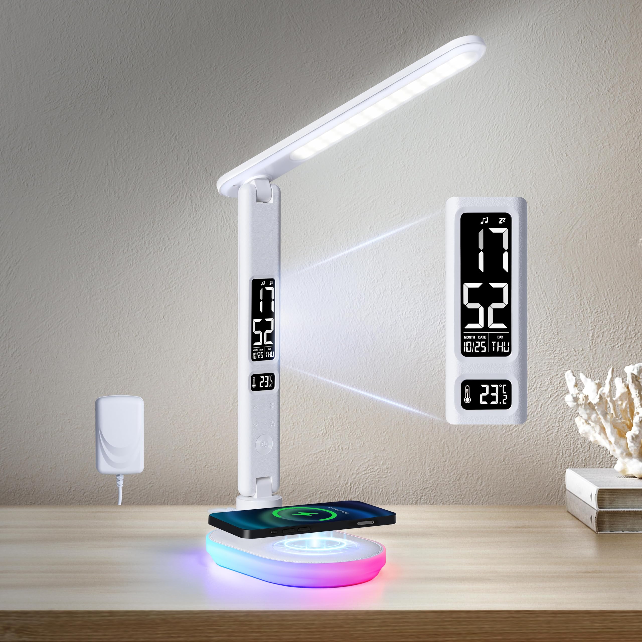 Led Desk Lamp with Charger: Office Table Lamps with USB Wireless Charging for Home Reading - Desk Lights with Clock for College