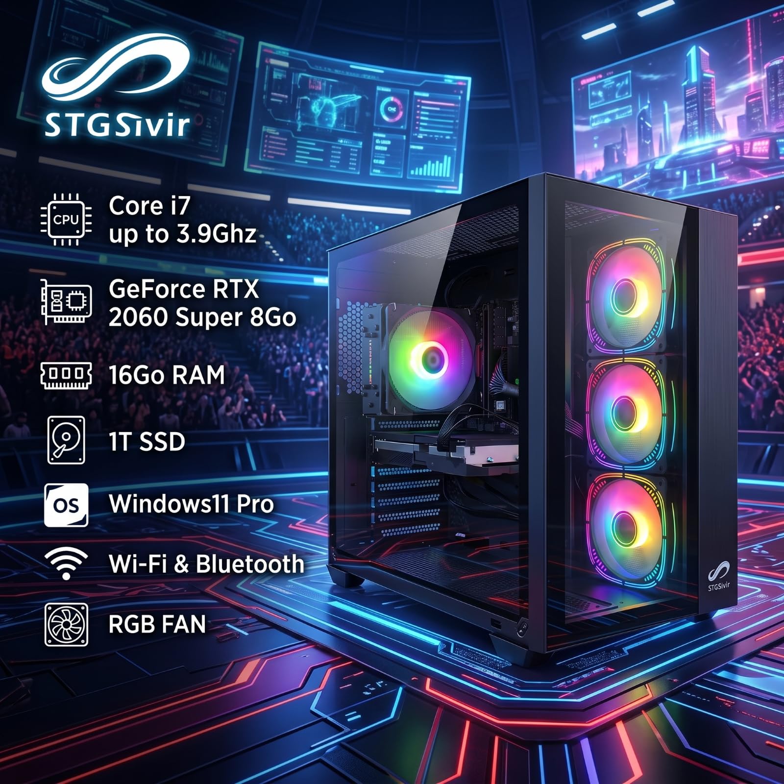 STGsivir PC Gamer Fixe, Core i7, RTX 2060 Super 8G, 16G RAM, 1T SSD