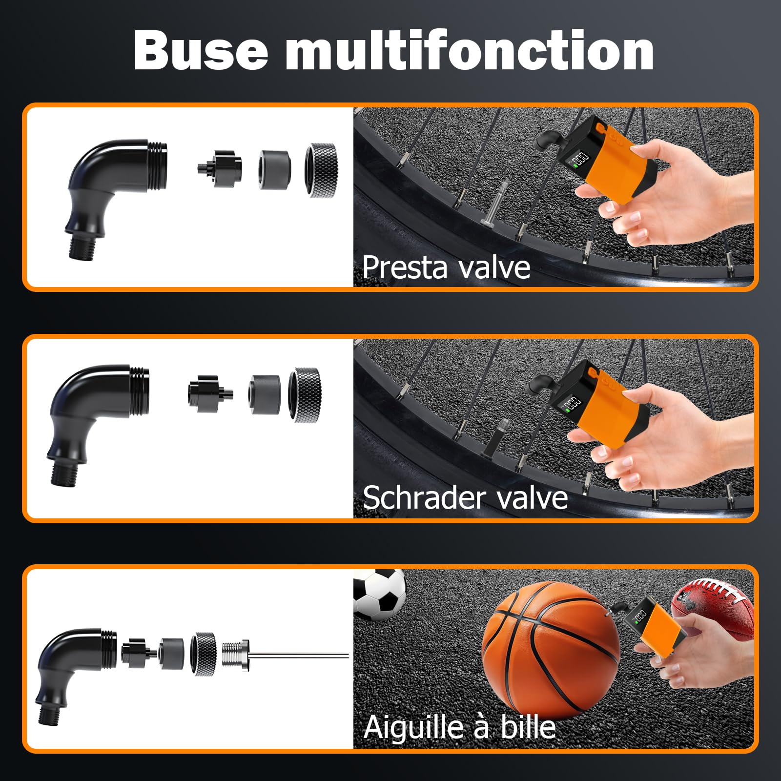 Mini Pompe à vélo, gonfleur de pneus Portable 120 PSI avec valves Presta et Schrader, Convient pour vélo de Route, Moto, VTT, Ballon de Sport