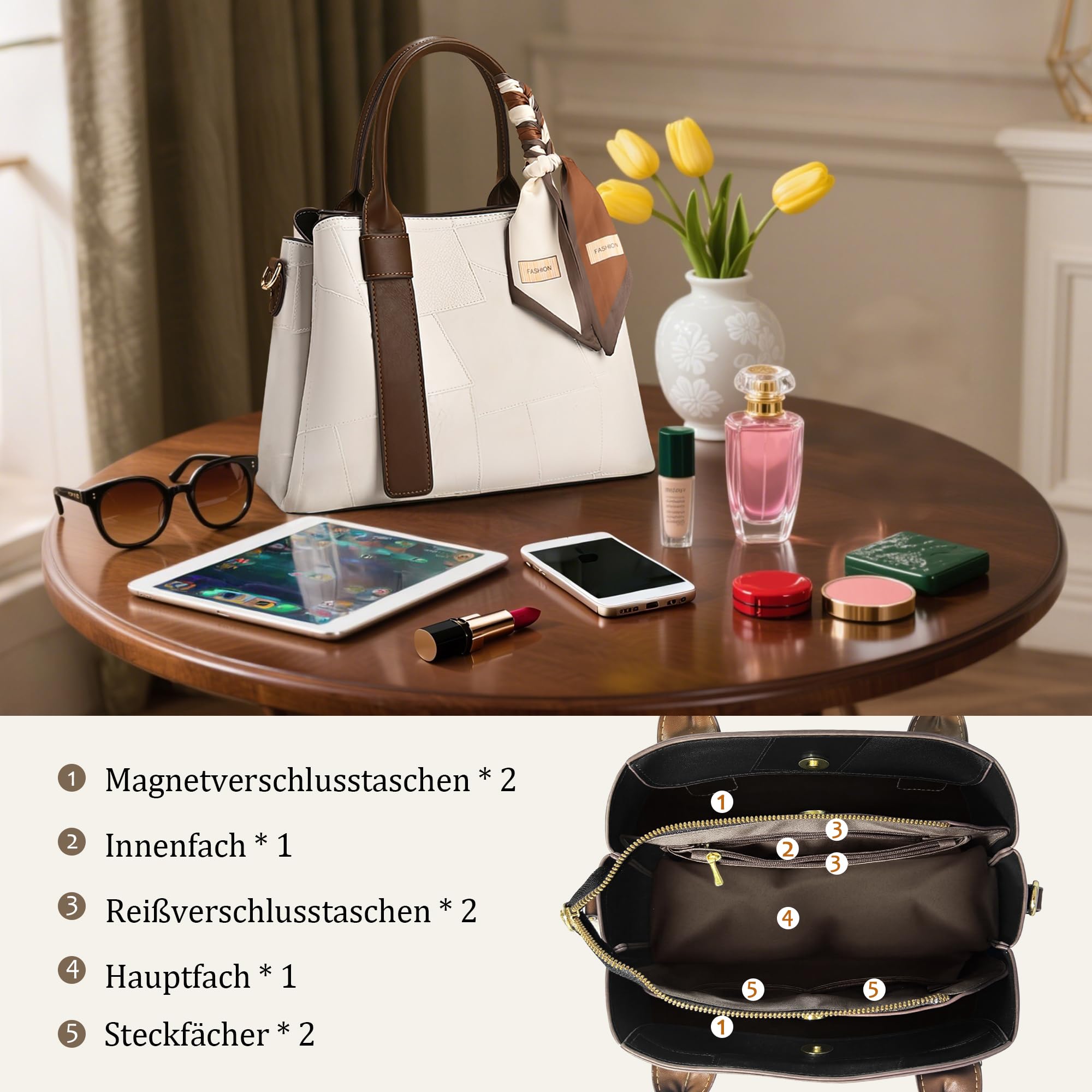 Handtasche Damen Henkeltaschen Modische Patchwork-Textur Umhängetasche PU Leder Schultertasche für Reisen Einkaufen Pendeln Weiß