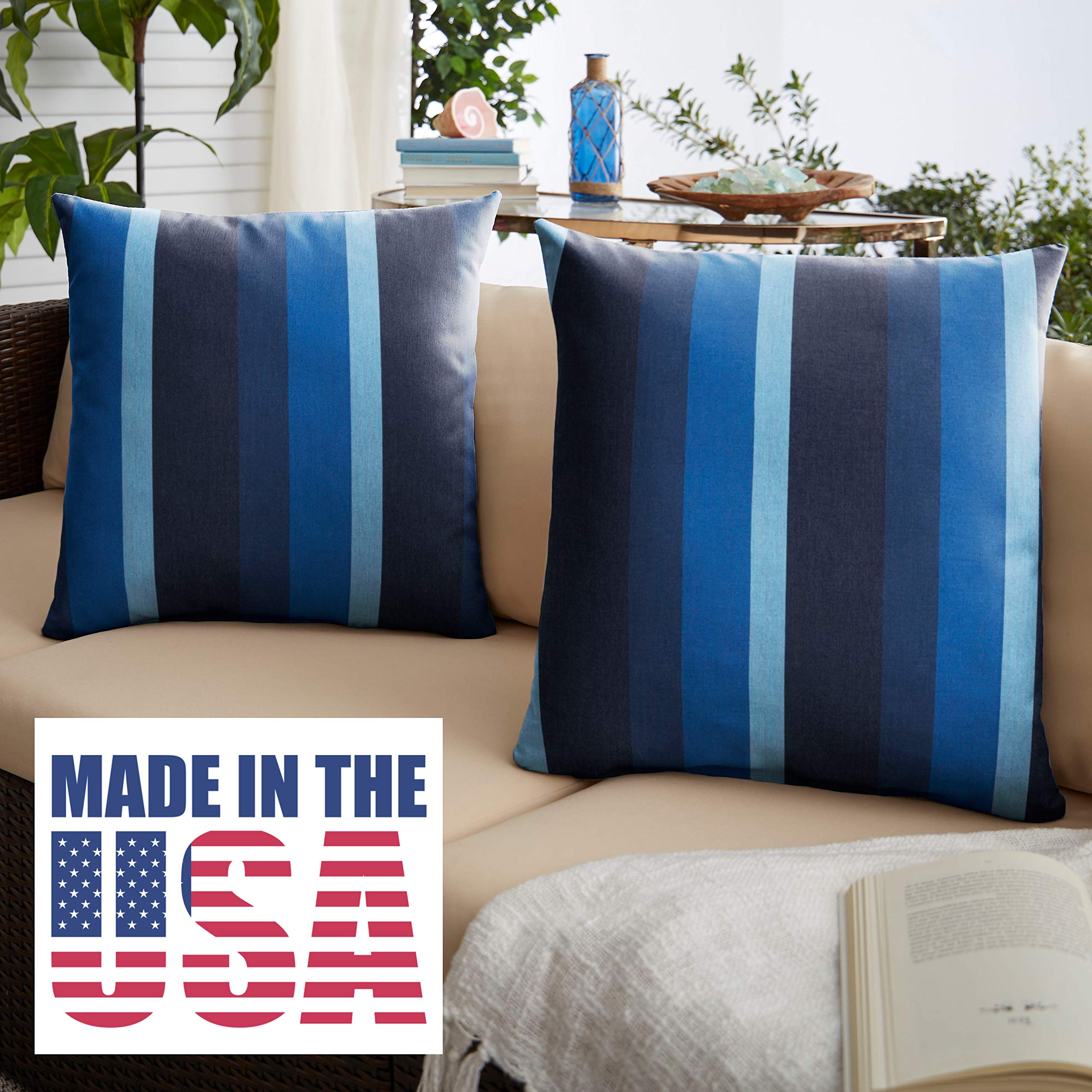 Sunbrella Gateway Indigo Knife Edge Decorative Indoor/Outdoor Square Throw Pillow, Perfect for Patio Decor - Indigo Blue Stripe 20