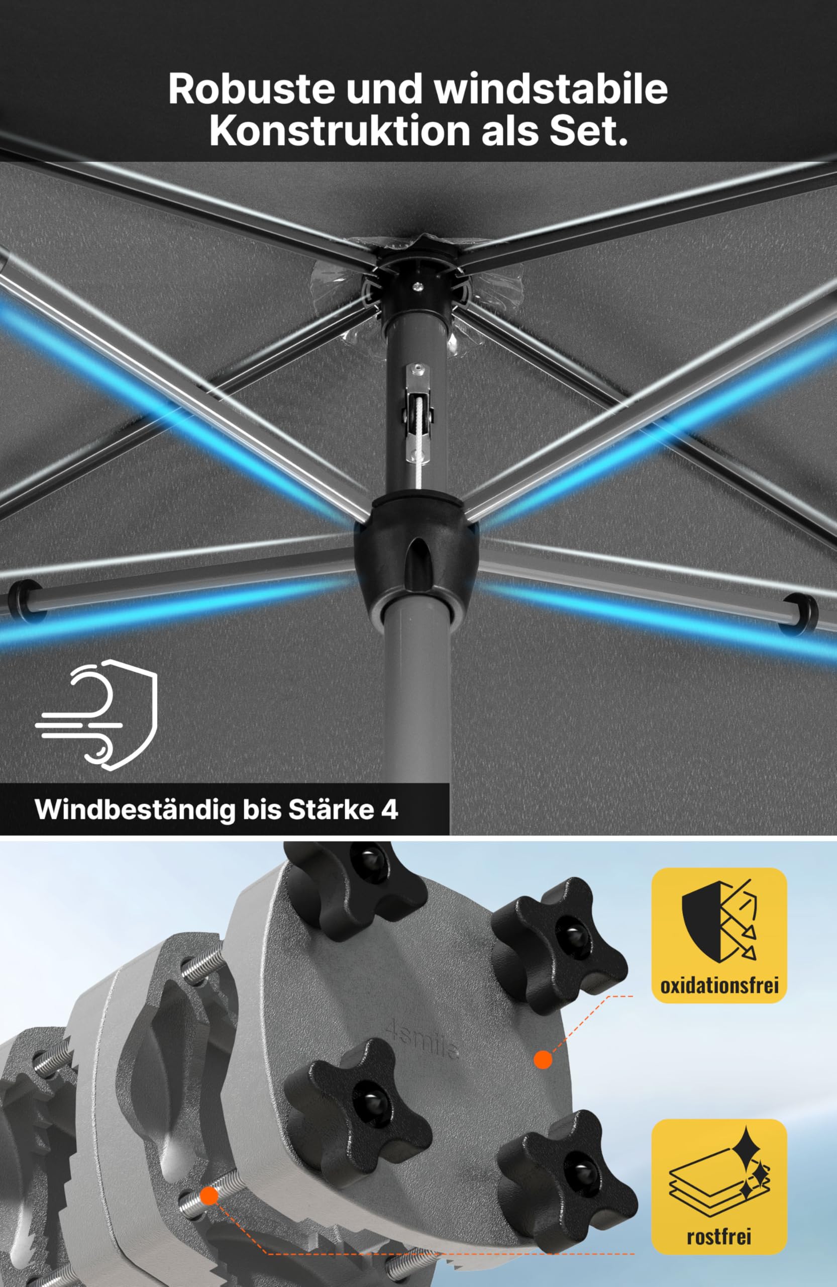Menz Sonnenschirm Balkon mit Halterung im 3-er-Set, mit Kurbel, UV 50+, 200x125 cm, Anthrazit, Sonnenschutz Balkon, Sonnenschirm rechteckig, Balkonschirm mit Sonnenschirmhalter für Balkongeländer