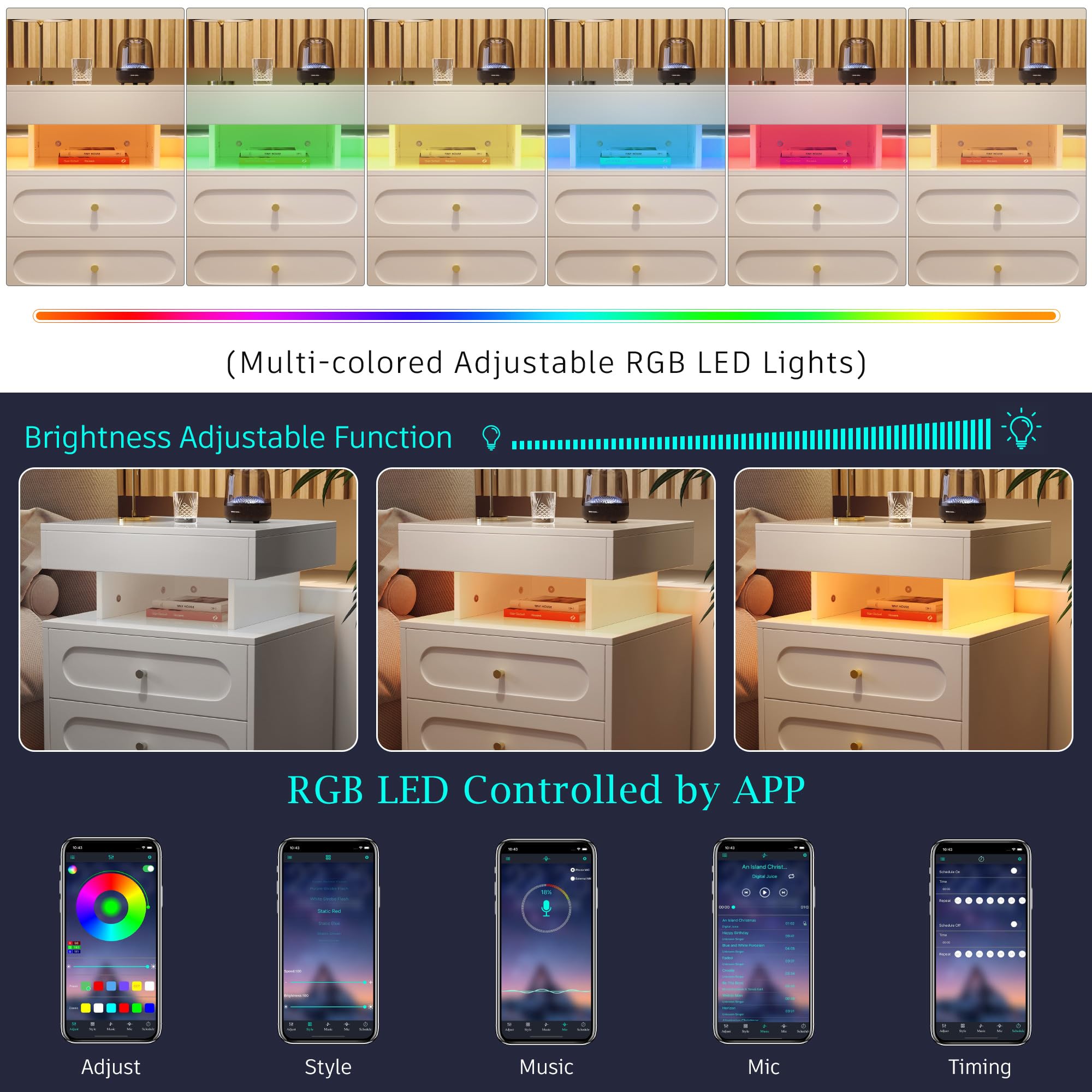 Mesita de noche con iluminación LED, cómoda de noche con 2 cajones, 1 espacio de almacenamiento abierto, blanco, ancho 50/T40/alto 60 cm