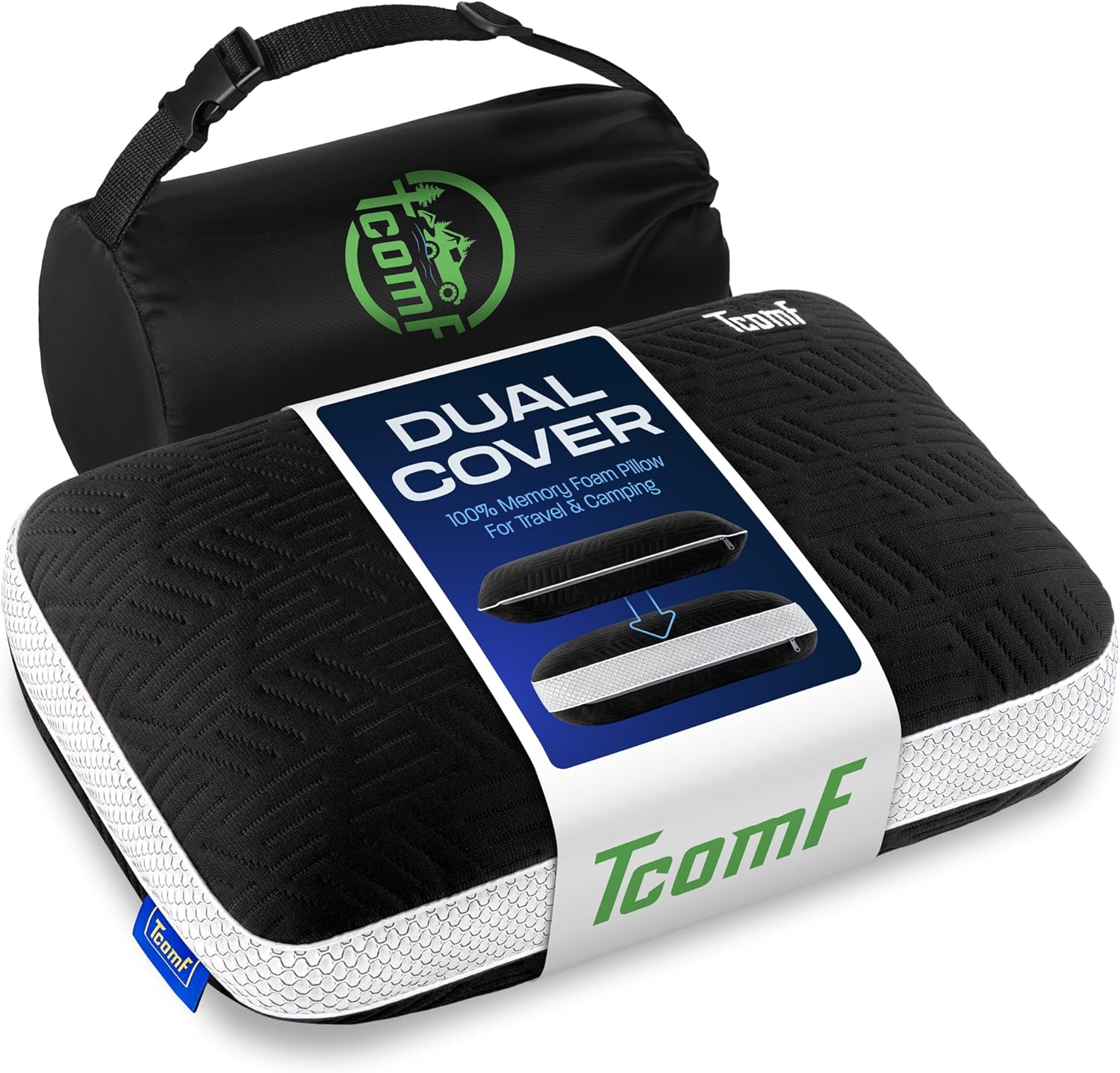 100% Memory Foam Pillow – Dual-Cover Travel Pillows with Soft Height Extender – Medium Firm Foam – Camping Pillow for Sleeping with 5 Layers for Comfort and Support – Small and Portable (Black)