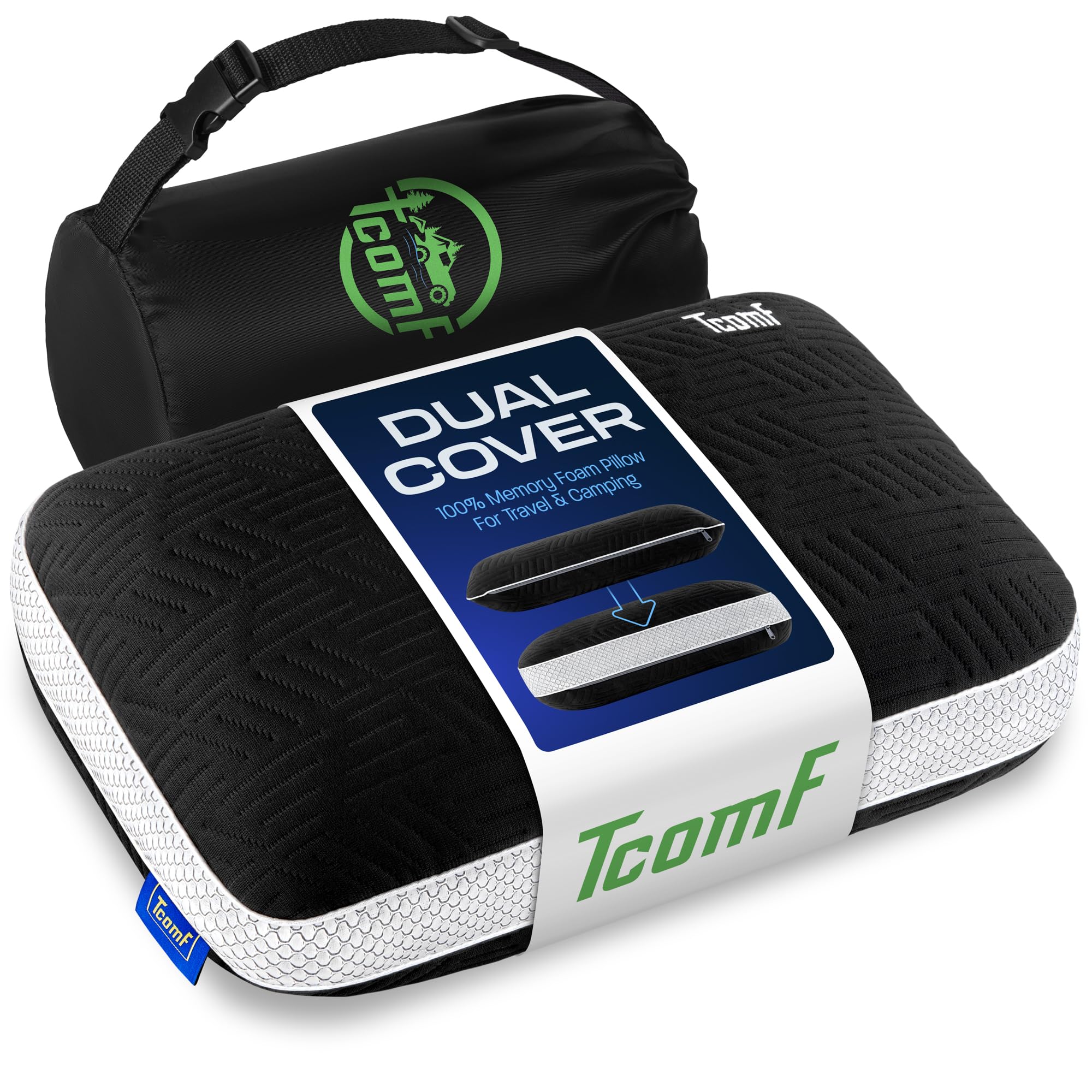 100% Memory Foam Pillow - Dual-Cover Travel Pillows with Height Extender - Ultra-Soft Neck Pillow - Camping Pillow for Sleeping with 5 Layers for Comfort and Support - Small and Portable (Black)