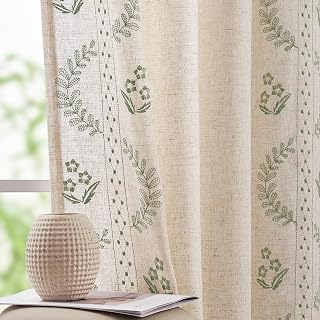 JINCHAN Belrose Sage Green Floral Embroidered Linen Blend Curtains 84 Inch 2 Panels Farmhouse Bedroom Living Room Drapes