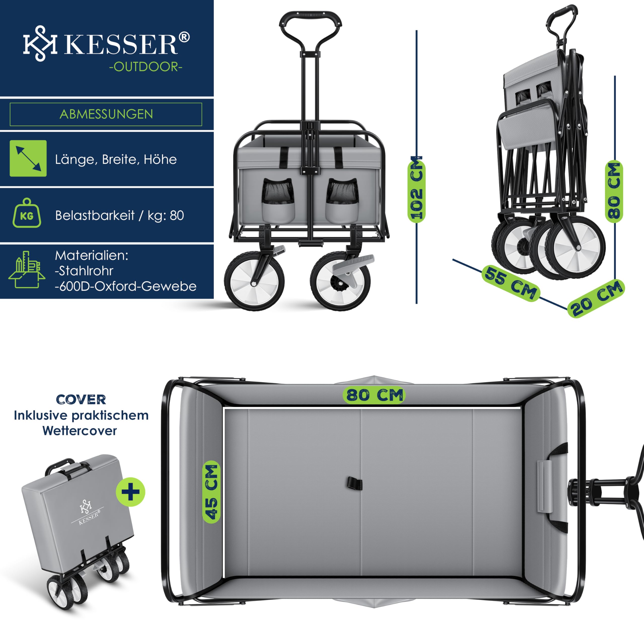 KESSER® Bollerwagen faltbar Handwagen Transportkarre max. 150kg Tragkraft & 360° PVC-Reifen Gerätewagen inkl. 2 Netztaschen, Seitentasche & Abdeckung Transportwagen Gartenanhänger ohne Dach, Grau