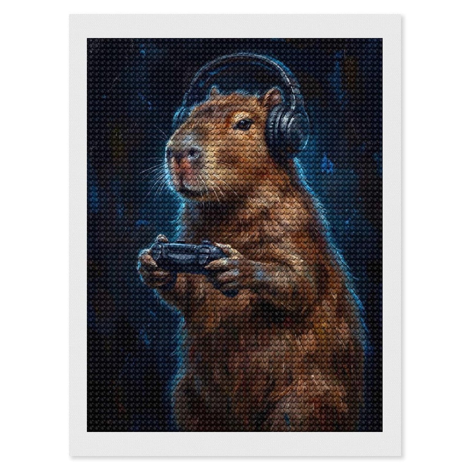 Junmoney Capybara Gamer Painting Round Drill Diamond Painting 12"x16", for Adults, Creative Leisure Activity, Office Decor, Holiday Gift Idea