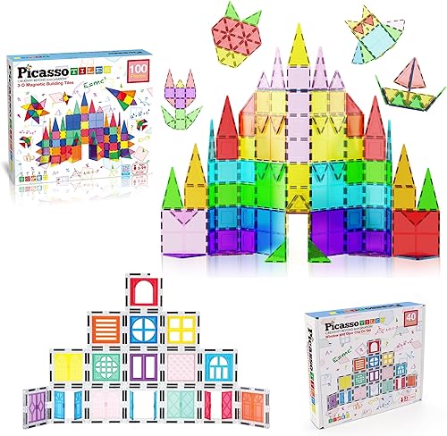 PicassoTiles Paquete de 100 azulejos magnéticos + 40 piezas de clip para ventanas y puertas STEAM juego educativo para juegos de construcción