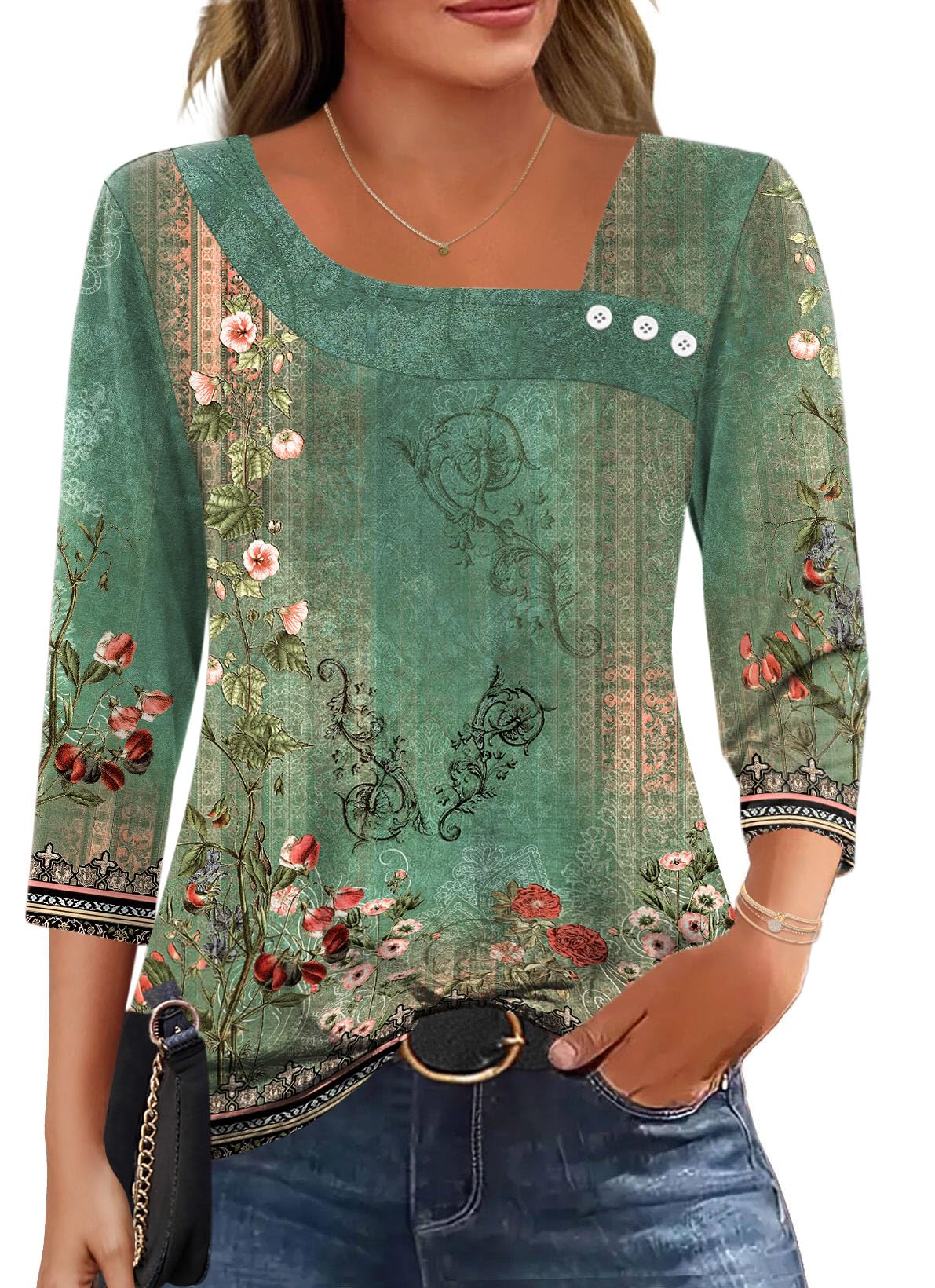 Kistore Bluse Damen 3/4 Arm Asymmetrischer Ausschnitt Tunika Sommer Tops Locker Shirt Elegant Lässig Oberteil S-2XL