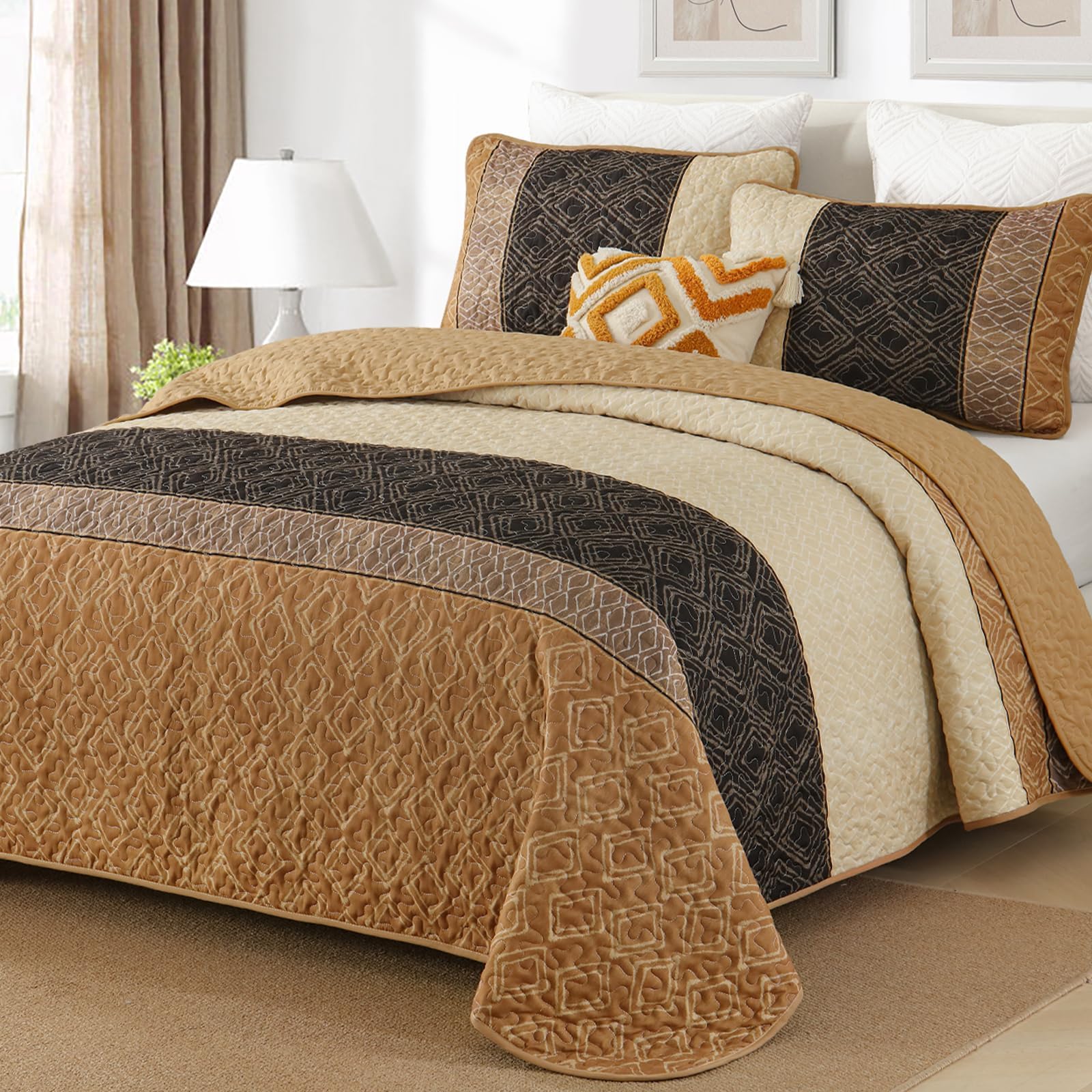 Cottolester Fall Quilt Set California King,3 Pieces,Brown Striped Bedspread,Boho Plaid Bedding Set Soft Microfiber Quilt with 2 Pillow Shams 110"x96"