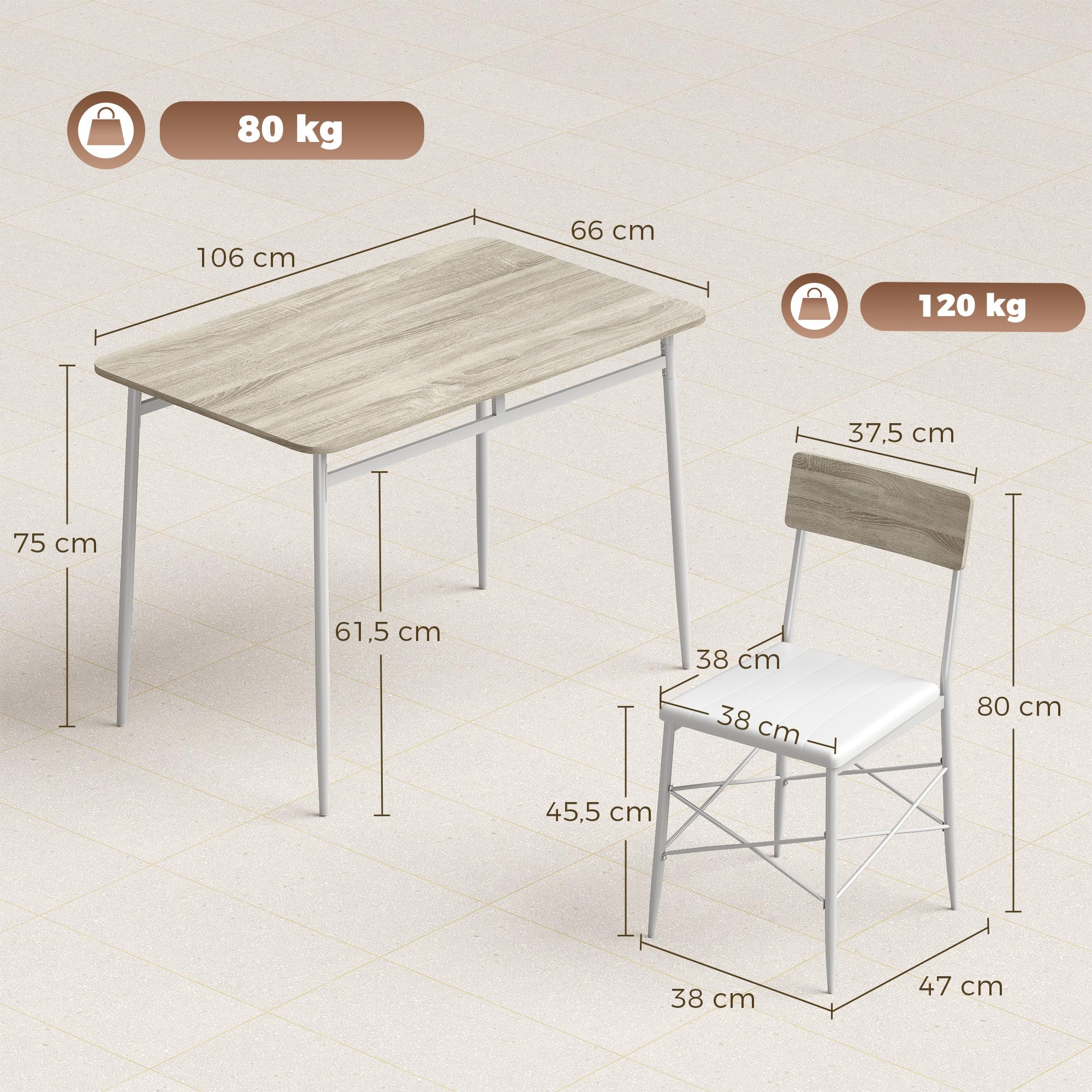 HOMCOM Juego de Mesa y Sillas de Comedor 5 Piezas Roble y Blanco | Mesa de Cocina Rectangular con 4 Sillas Acolchadas, Estilo Moderno, Marco Metálico, Espacios Pequeños, Salón, 106x66x75 cm
