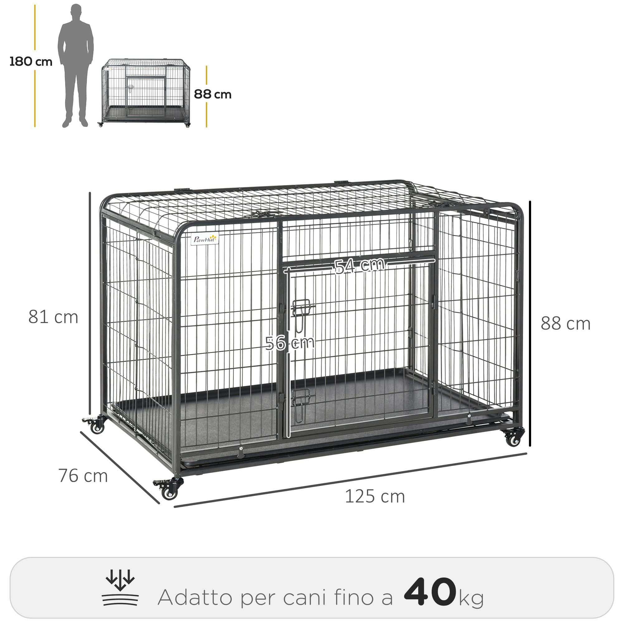 PawHut Kennel Cage pour Chien Pliable avec Frein et Fond Amovible - Gris