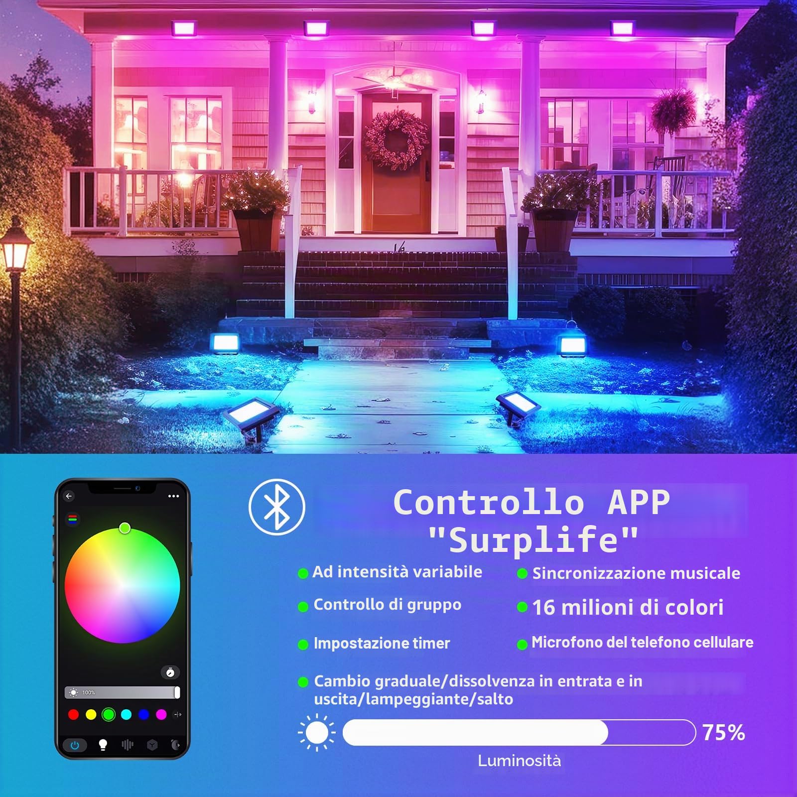 PICAA Faro da Lavoro a LED RGB Smart 200W, 20000LM Esterno, 16 Milioni di Colori, Controllo Wireless via App, Impermeabile IP66, Illuminazione Giardino per Feste Disco con Spina UE (2 pz)