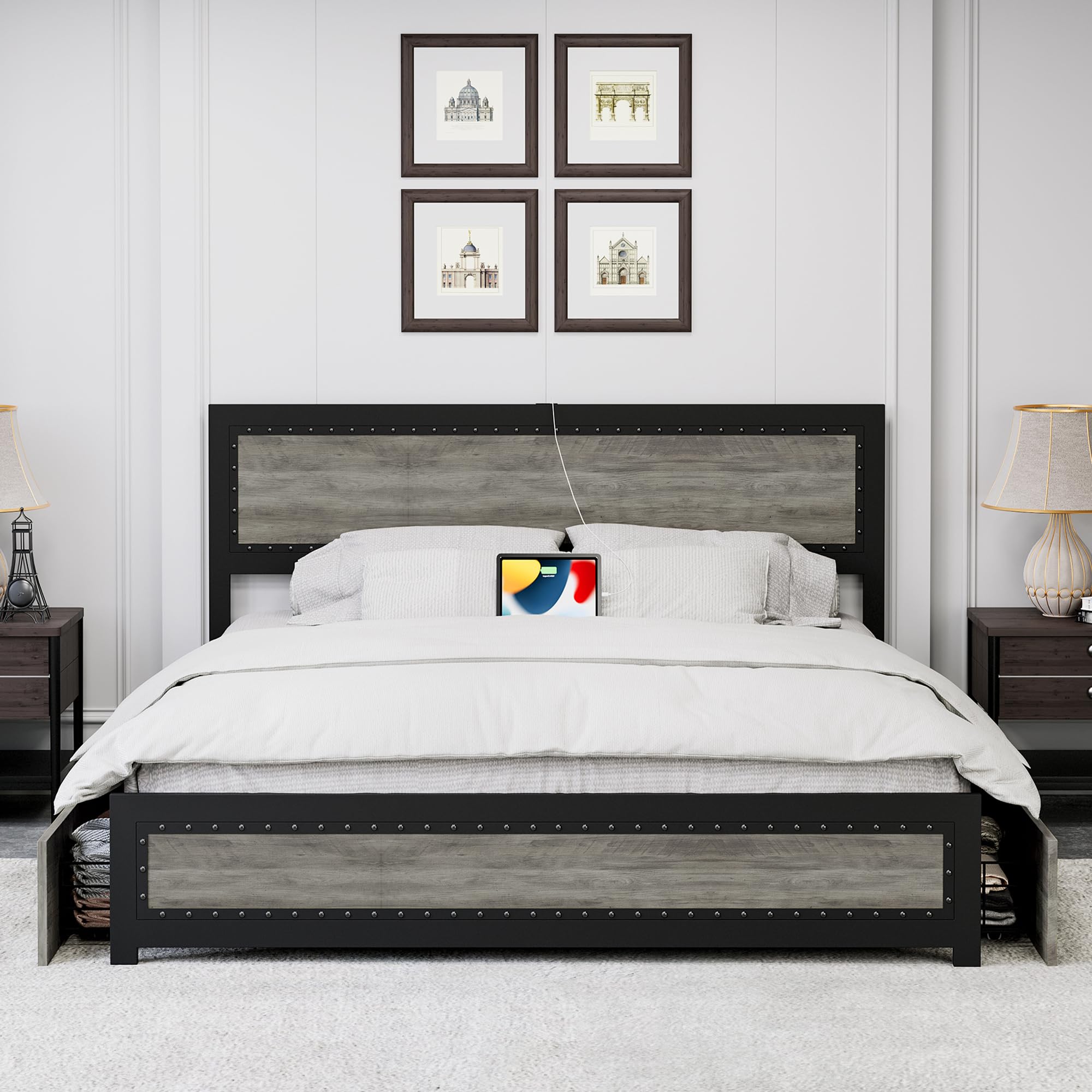King Bed Frame with Headboard, Industrial Platform Bed Frame with 4 Storage Drawers and Charge Station, Strong Metal Slats Support, No Box Spring