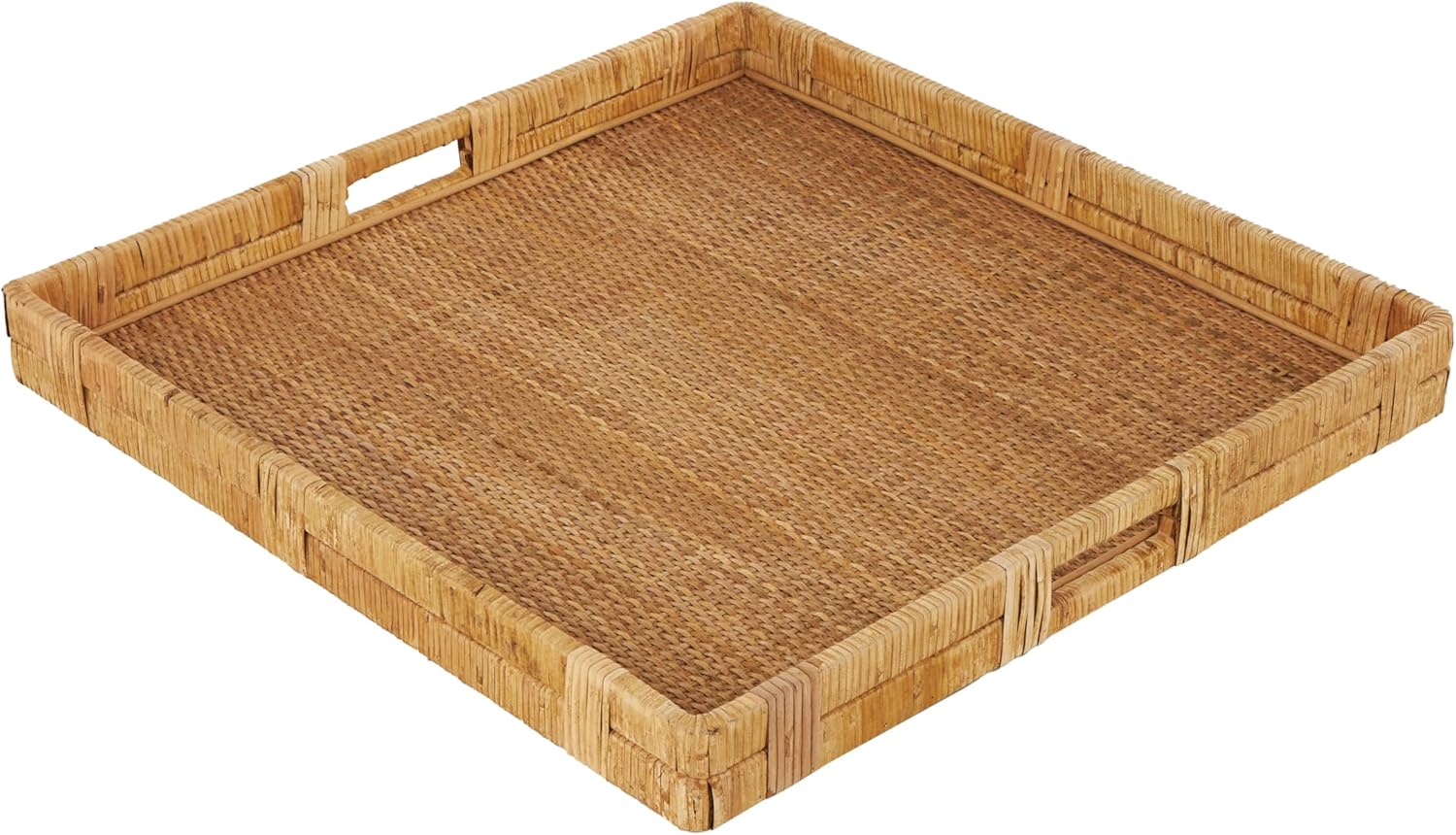 Deco 79 Rattan Handmade Living Room Decor Tray Woven Ottoman Tray with Slot Handles, Serving Tray 23" x 22" x 3", Brown