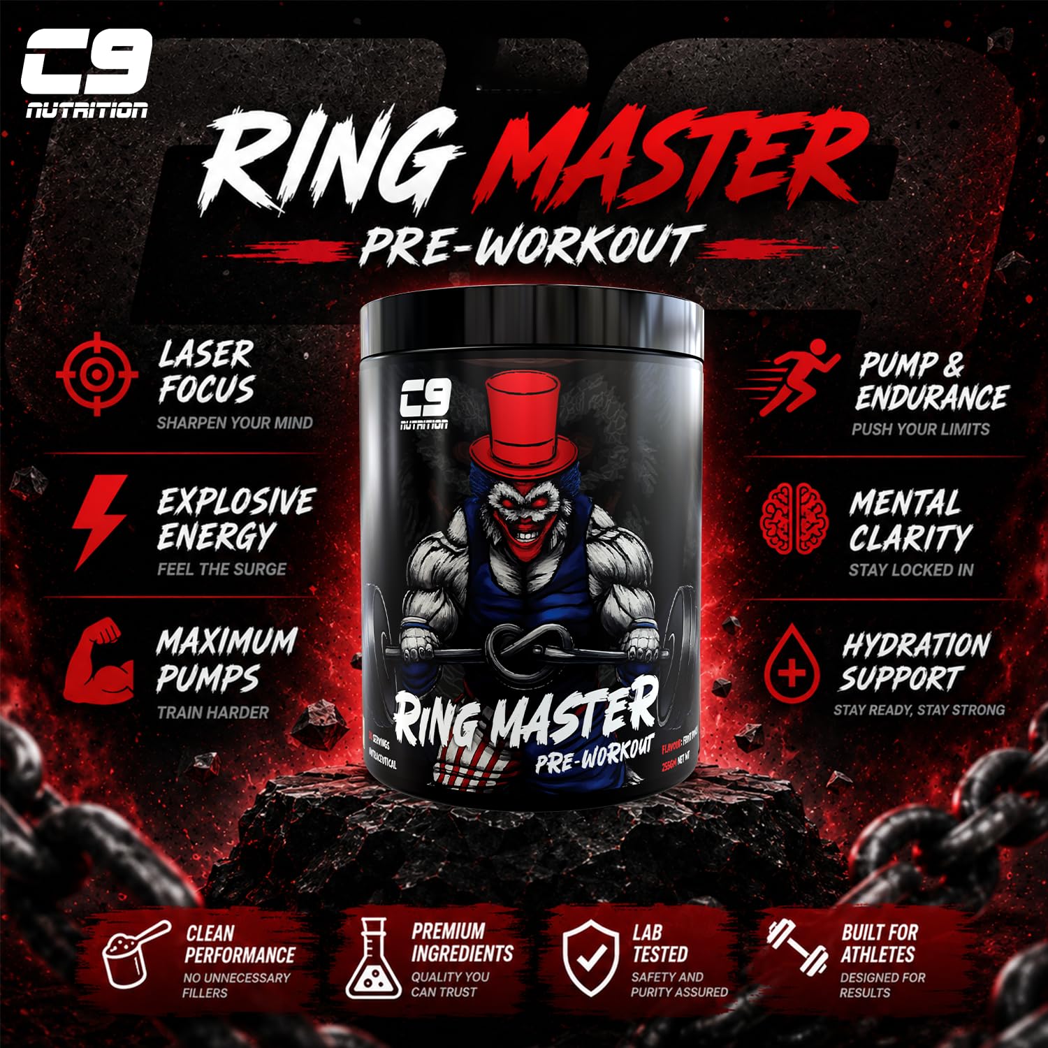 C9 Nutrition Ring Master Pre Workout Powder for Men & Women - 30 Servings, 255gm | 3000mg Beta Alanine, Citrulline Malate, Taurine & Creatine | High Energy, Pump, Strength & Focus (Fruit Punch) — Amazon image 4