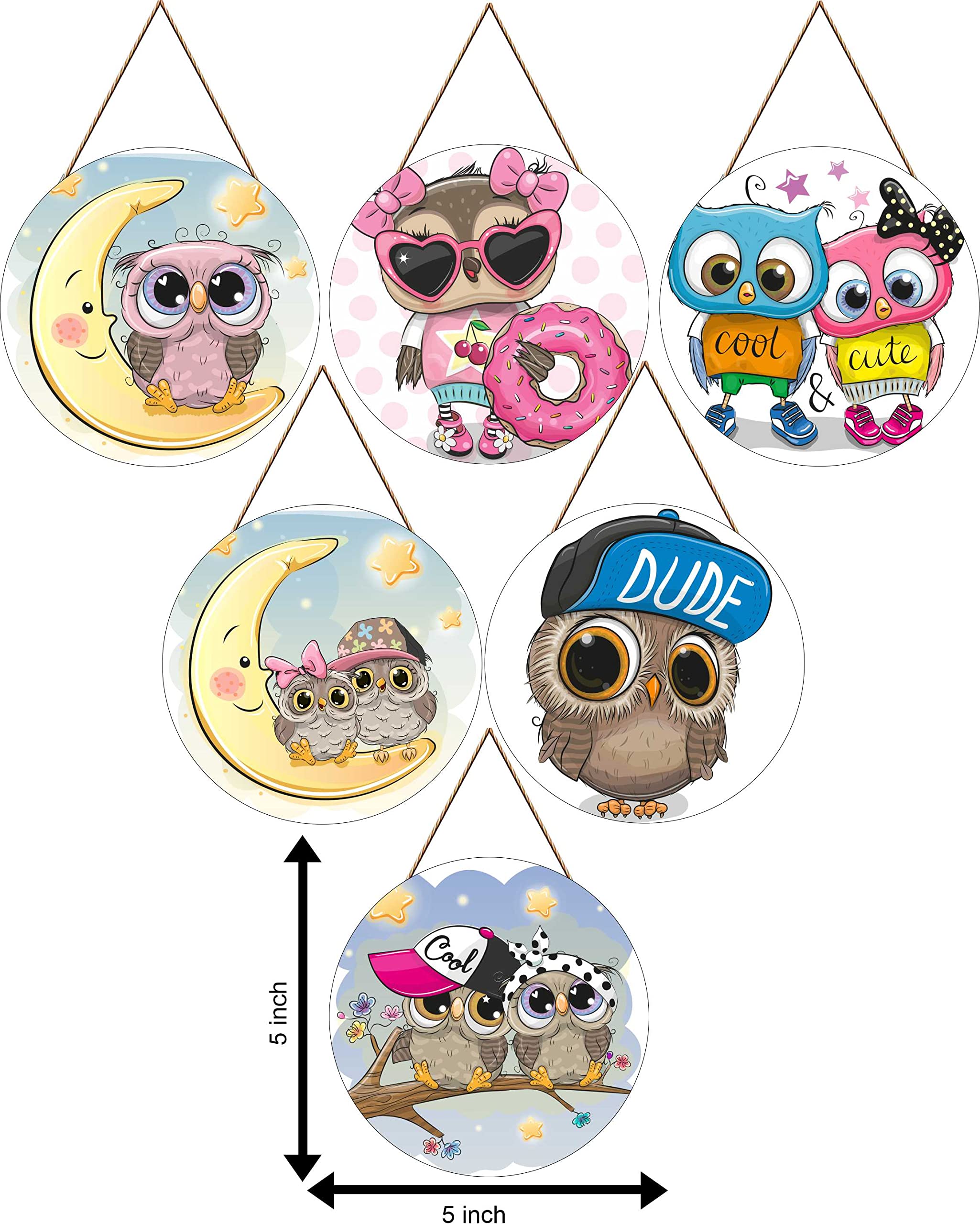 Shashank Wooden Circle owl Pair of 6 Designer Wall Hanging for Office and Living Room WH-18-image-0