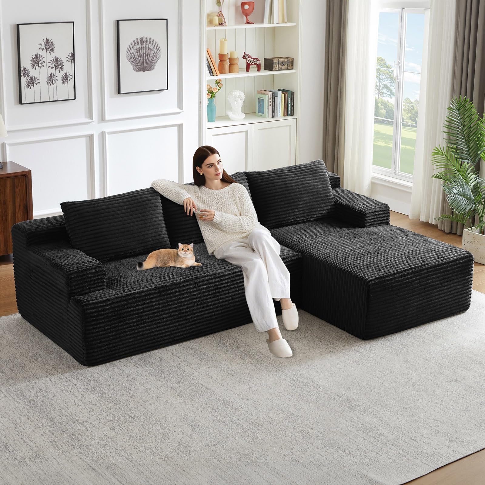 96" Modular Sectional Sofa, Modern Corduroy Cloud Couch with Side Pockets, Boneless Couch Upholstered 3-Seater L-Shaped Sofa for Living Room, No Assembly Required (Black, Right-Facing Chaise)