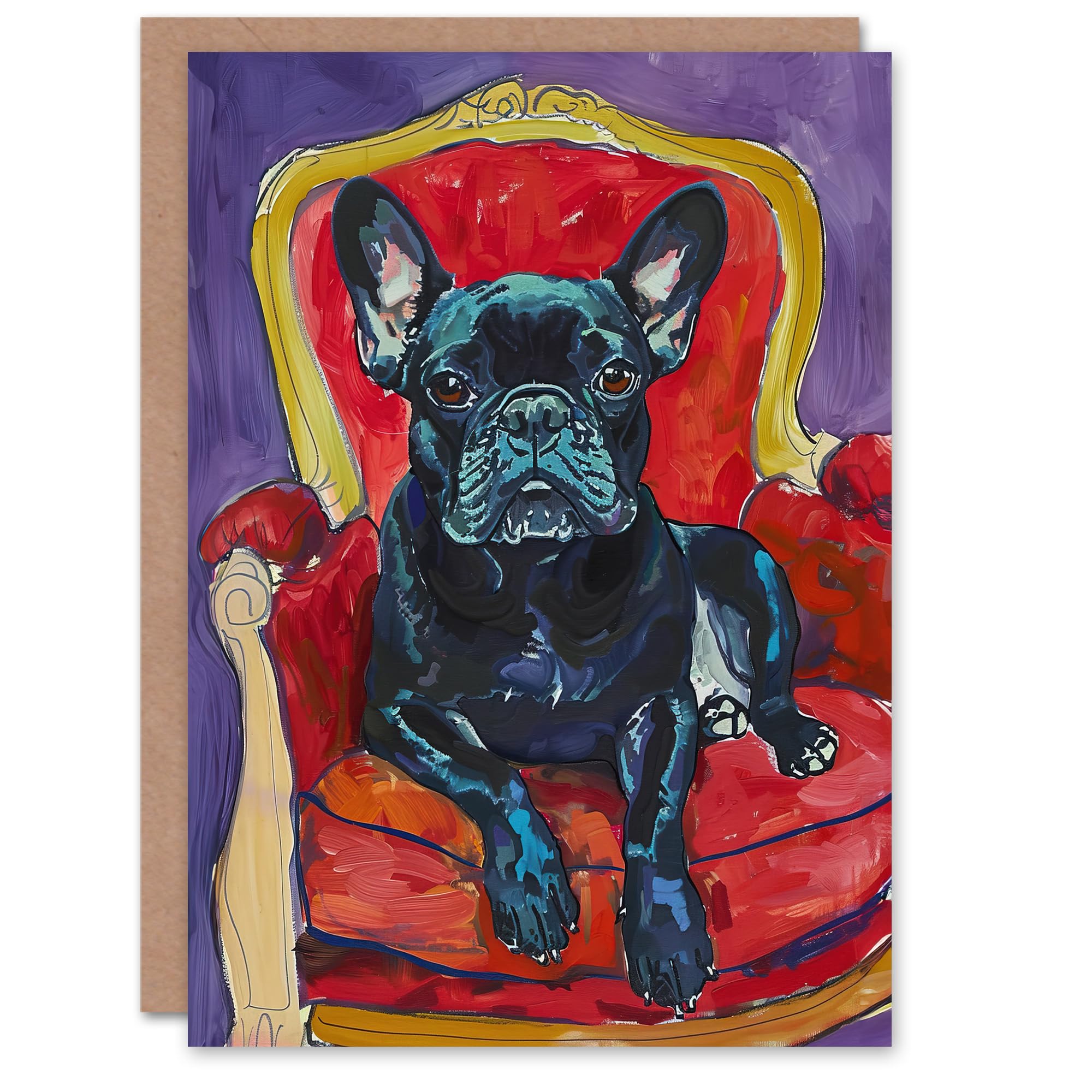 Artery8 Dog Lover French Bulldog on Red Armchair Greeting Birthday Card Him Her All Blank