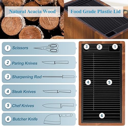Miniatura 3 de ENOKING Soporte universal para cuchillos con tapa de plástico, bloque de cuchillos de madera de acacia sin cuchillos para tijeras, barra de afilar y