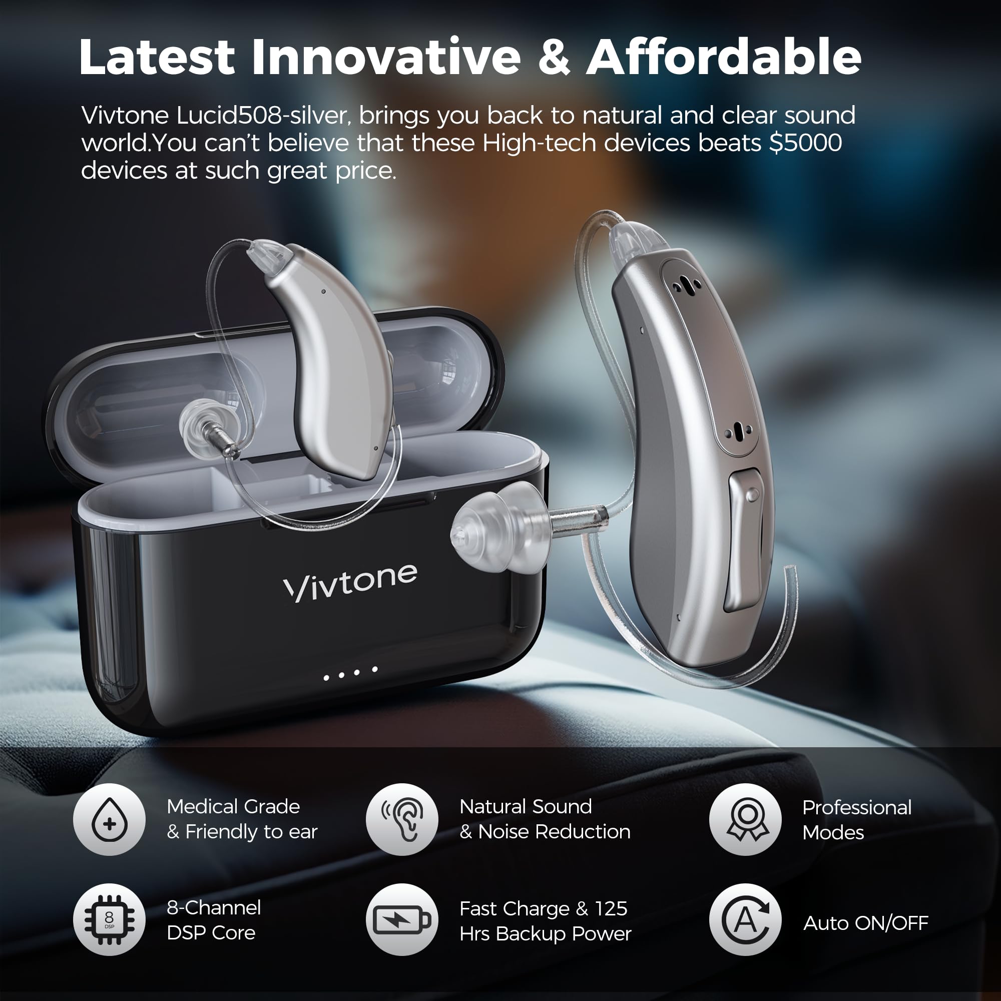 Vivtone Rechargeable Hearing Aids for Seniors Adults, Advanced Multi Channel Digital BTE Hearing Assist, with Recycle Charging Case for 125 Hrs Backup Power, Auto-On/Off, Pair, Lucid508