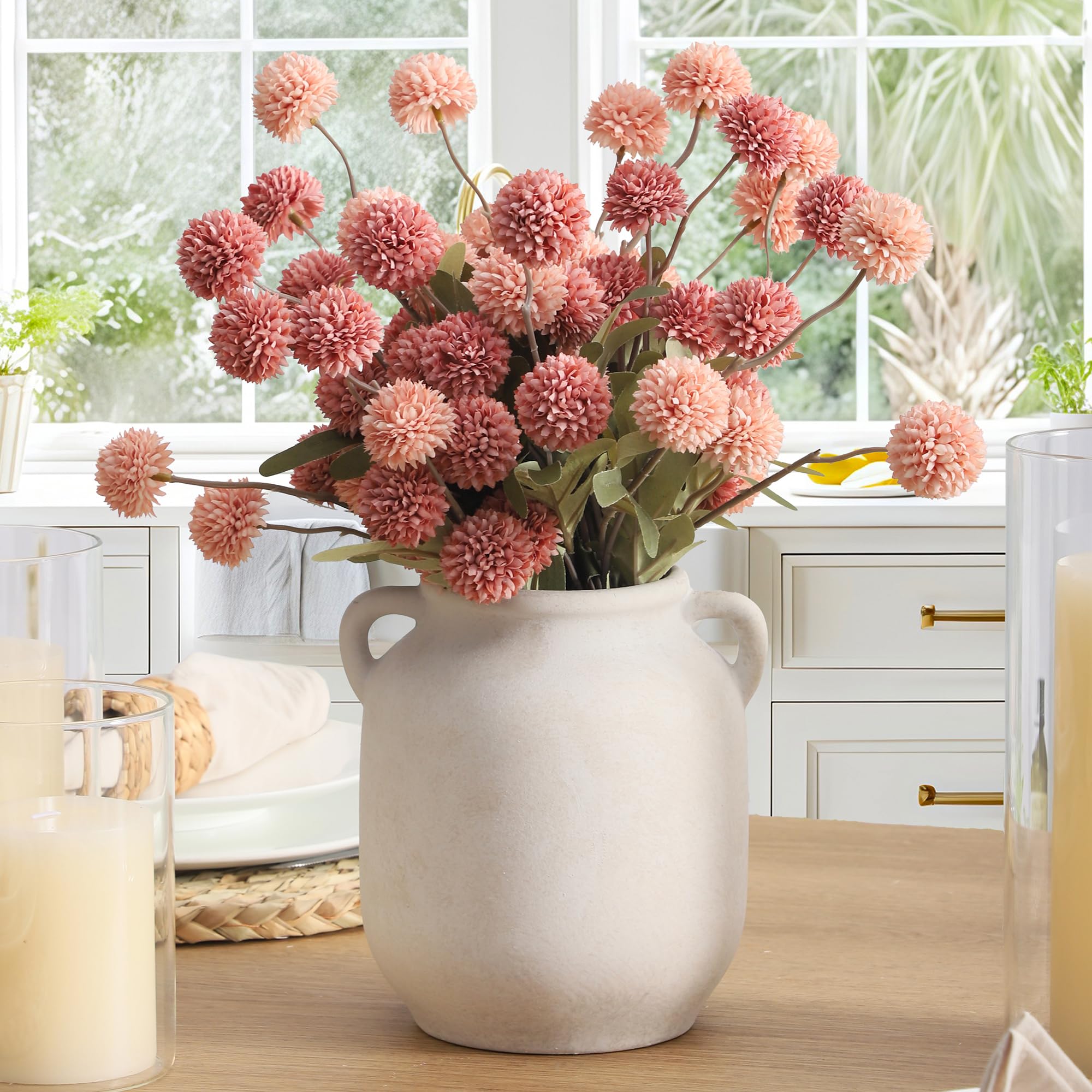 Ceramic Flower Vase Home Decor - 7.6 Inch Farmhouse Rustic White Table Vases with Handle Living Room Decoration Decorative Vintage Pottery for Kitchen