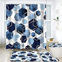 LQCOOL 4-Piece Blue Geometric Shower Curtain Set with Hooks, Non-Slip Bath Mat, Toilet Lid Cover & U-Shaped Rug - Modern Watercolor Design