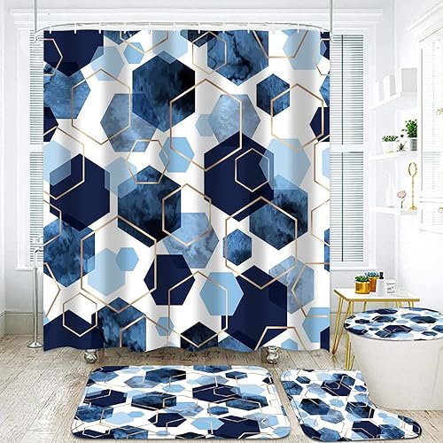 4Pcs Blue Bathroom Set Geometric Shower Curtain Set Modern Art Navy Blue Abstract Bathroom Curtain Set with 12 Hooks, Bathroom Carpet Bath Mat and Toilet Rugs