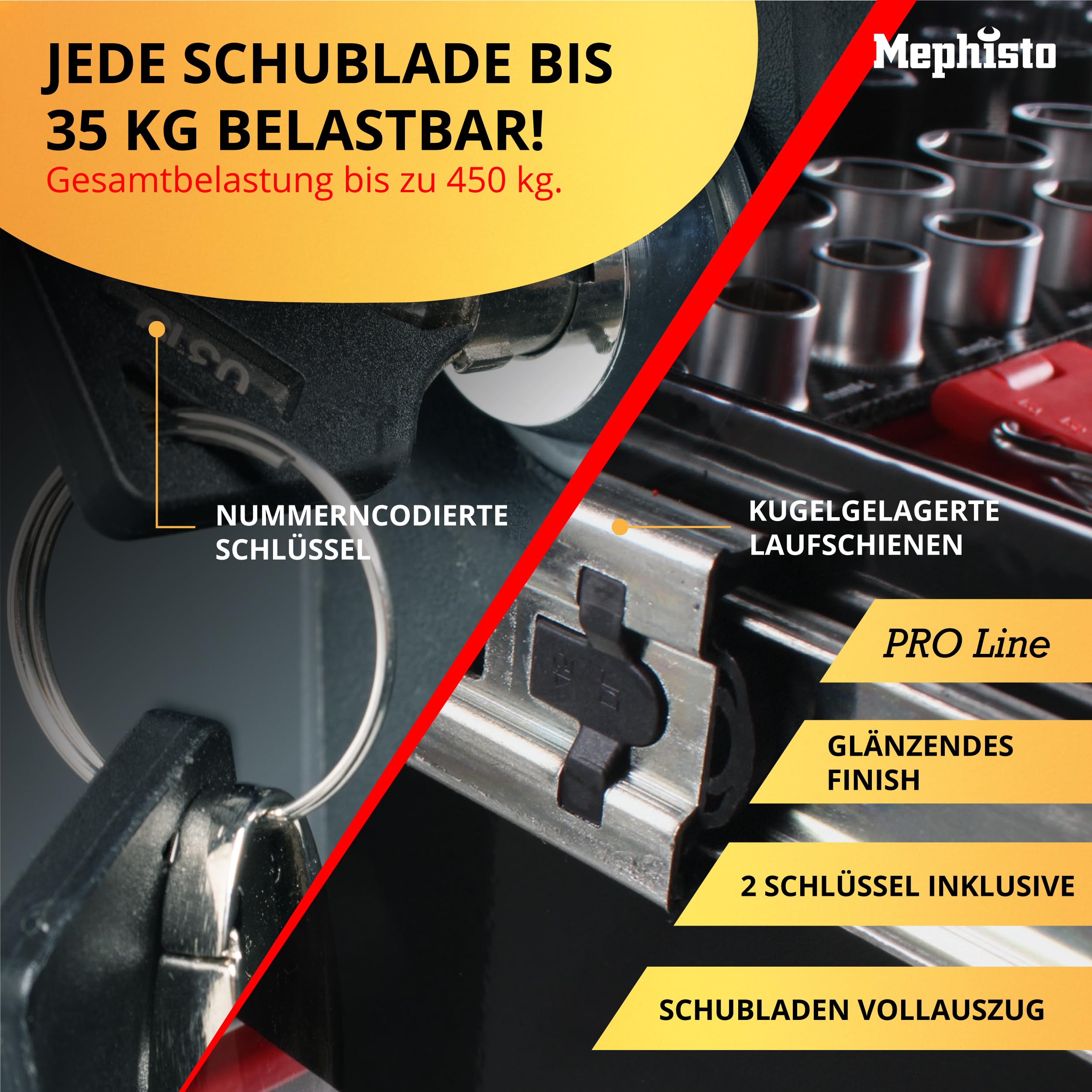 Mephisto Pro-Line BIG Werkzeugwagen Werkstattwagen gefüllt mit 12 Schubfächer davon 11 inkl. Werkzeug wie VDE Schraubendreher, Ratsche mit Nusskasten, Schraubendreher-Set in Soft Inlays in Carbon Lock